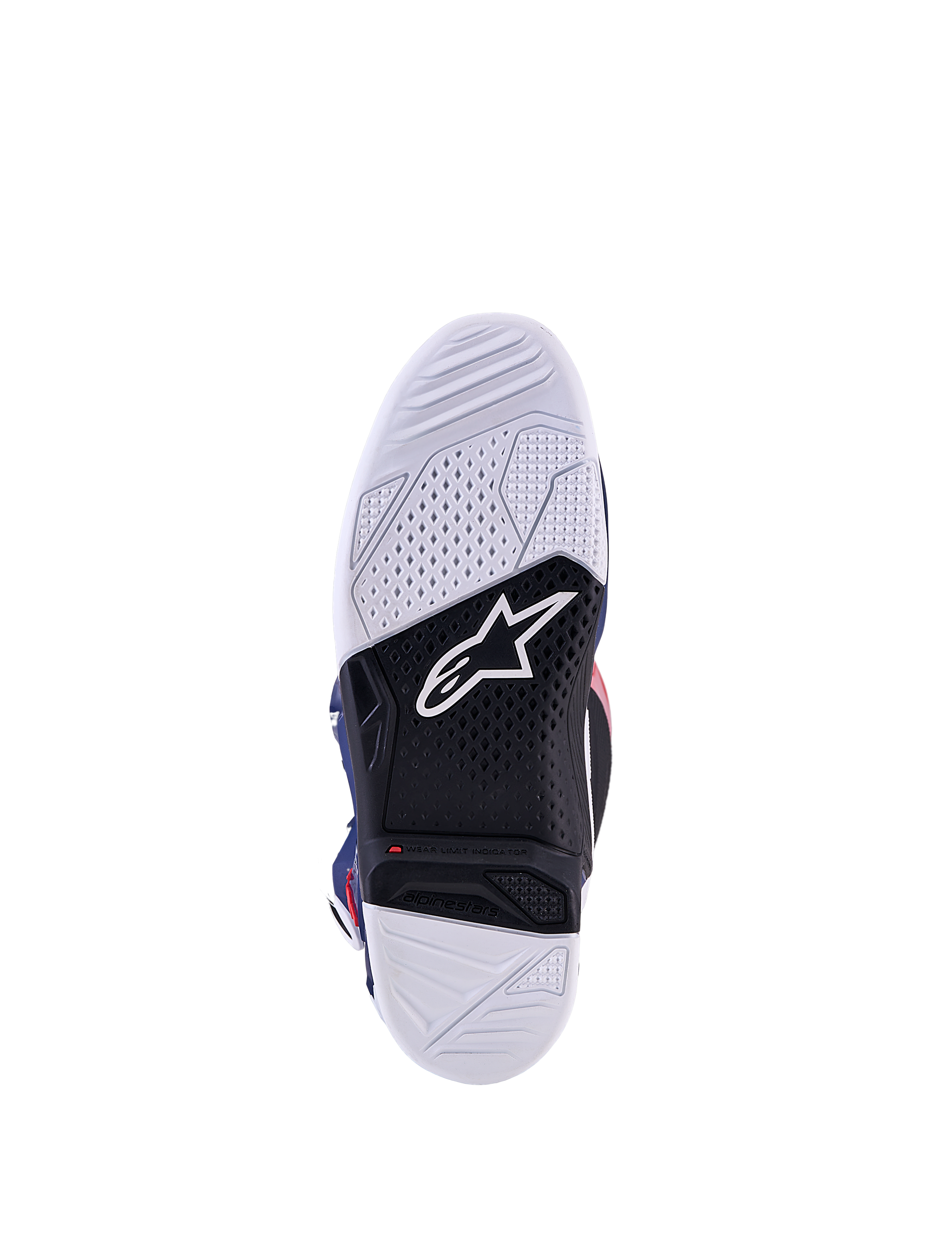 Alpinestars Tech 7 edizione limitata Unity, suola da motocross bianca e nera con indicatore del limite di usura integrato.