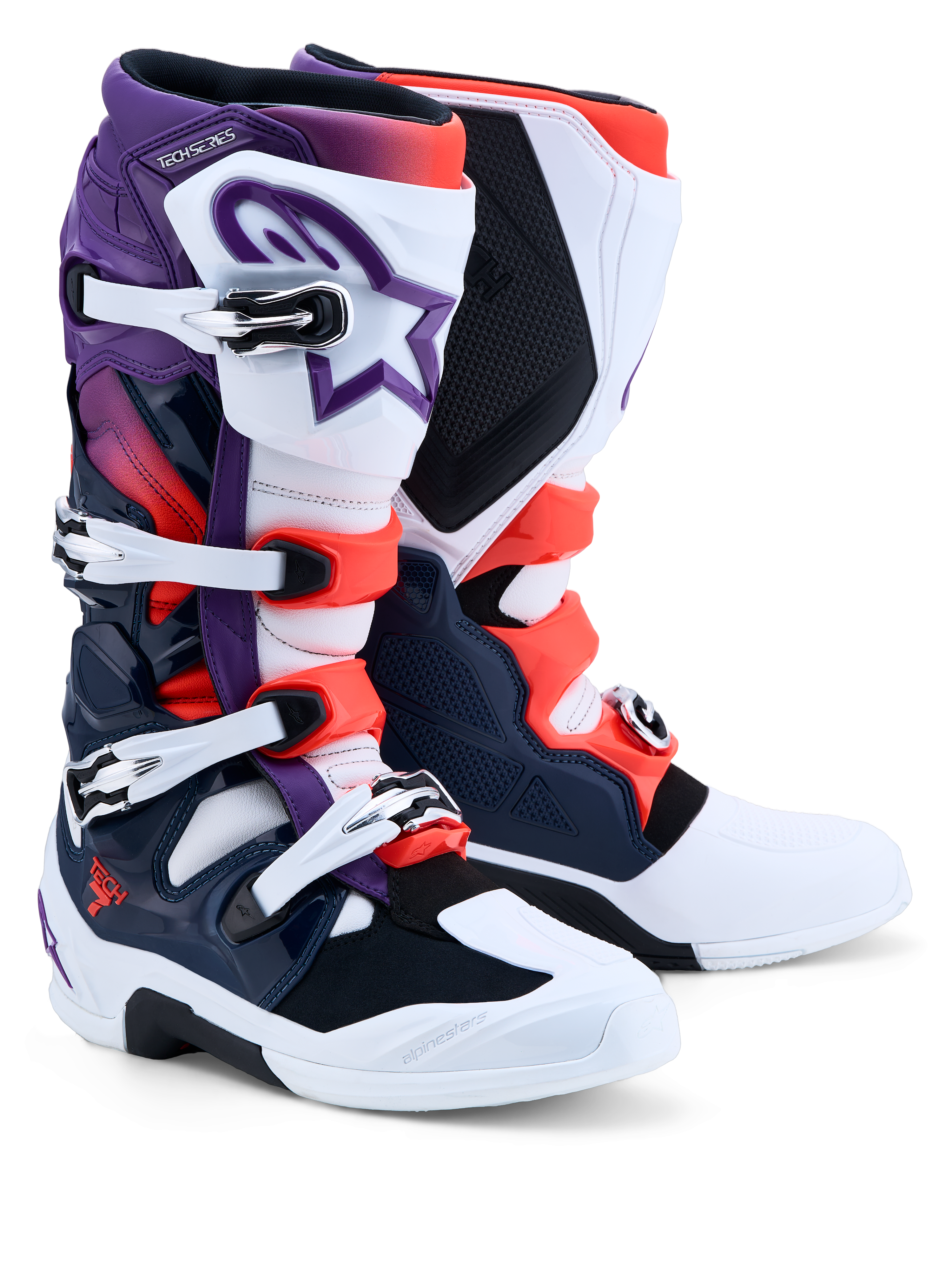 Alpinestars stivali Tech 7, stivali motocross da uomo, viola, bianchi, blu scuro, rosso fluo, certificati CE con protezioni TPU.