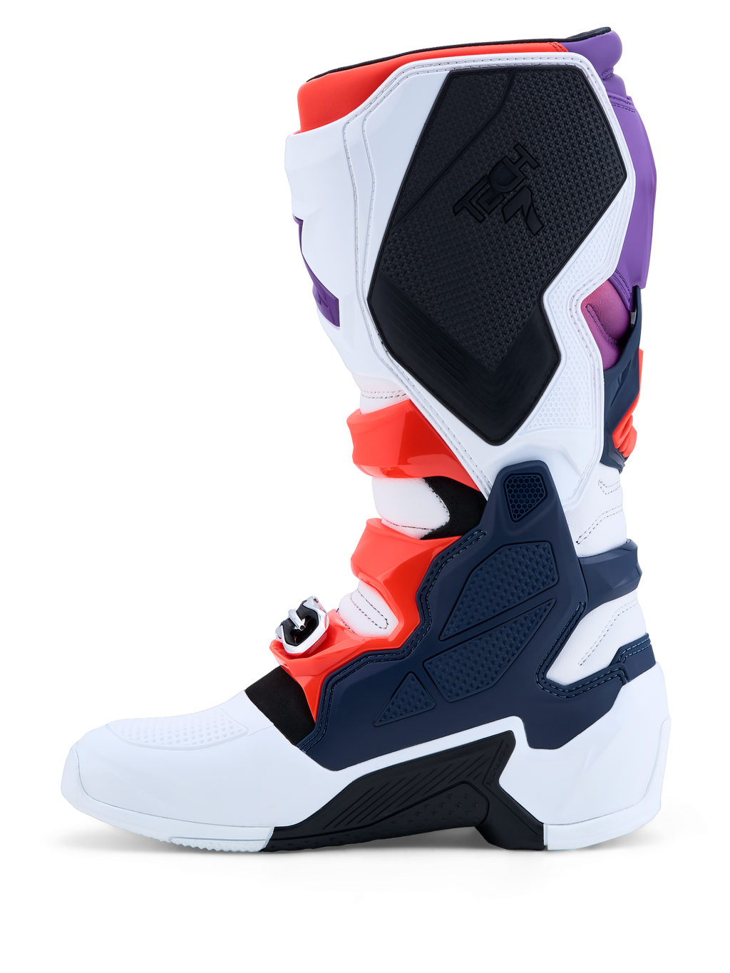 Alpinestars Stivali Tech 7, stivali da motocross da uomo, viola, bianchi e blu scuro con accenti rosso fluo e piastre protettive in TPU.