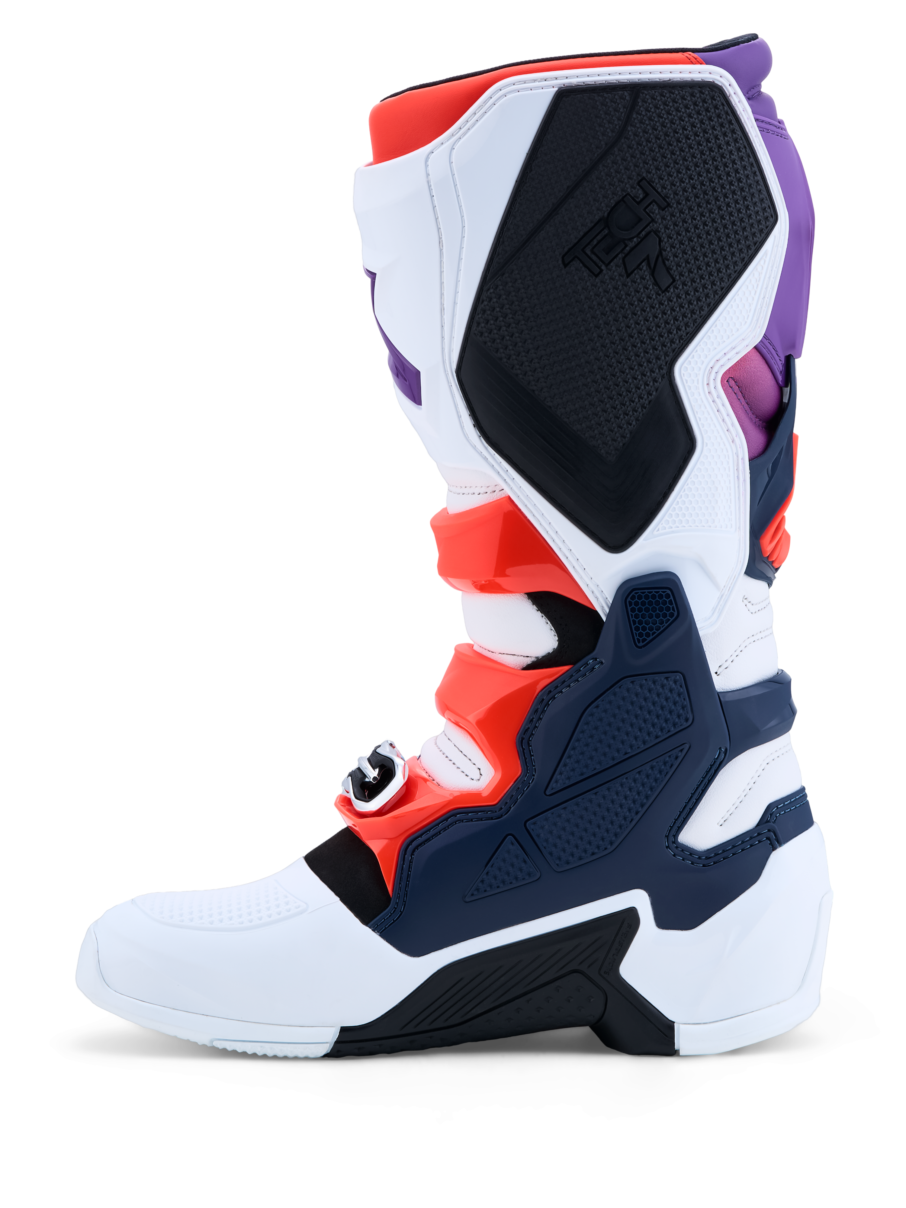 Alpinestars Stivali Tech 7, stivali da motocross da uomo, viola, bianchi e blu scuro con accenti rosso fluo e piastre protettive in TPU.
