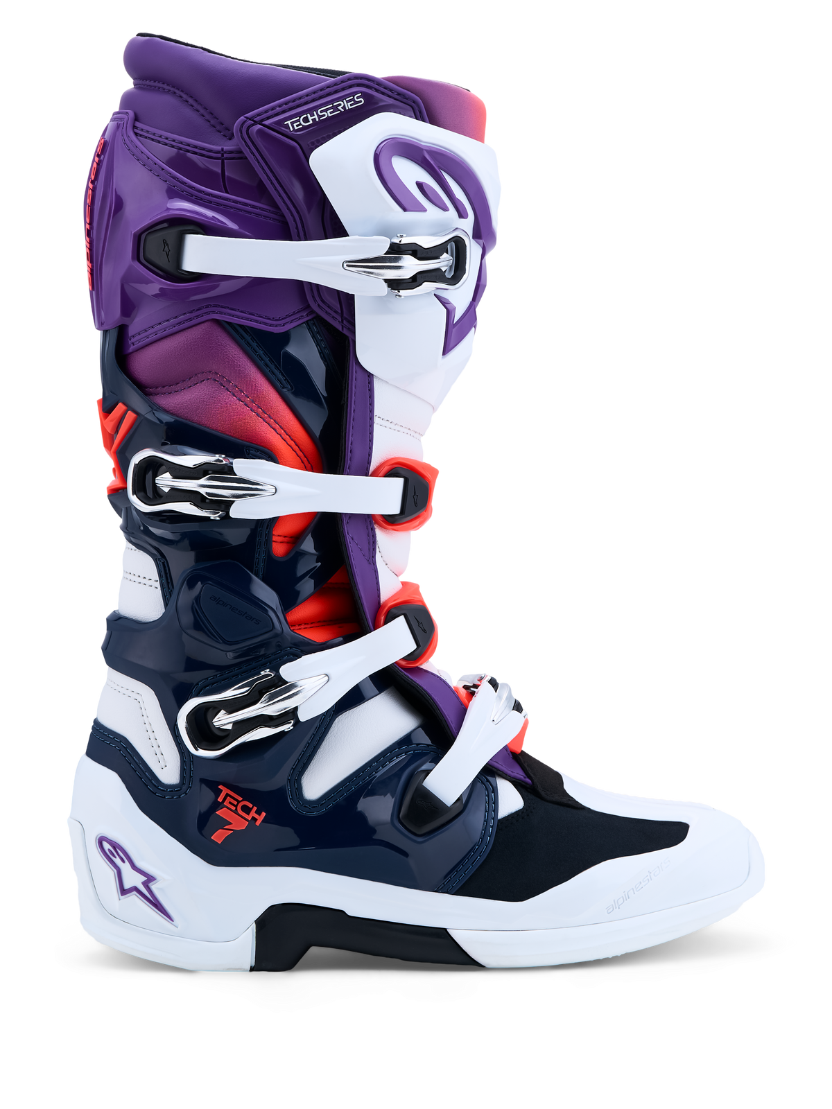 Alpinestars Stivali Tech 7, stivali da motocross da uomo, viola, bianco e blu scuro, sistema a doppio pivot, protezioni in TPU, certificati CE