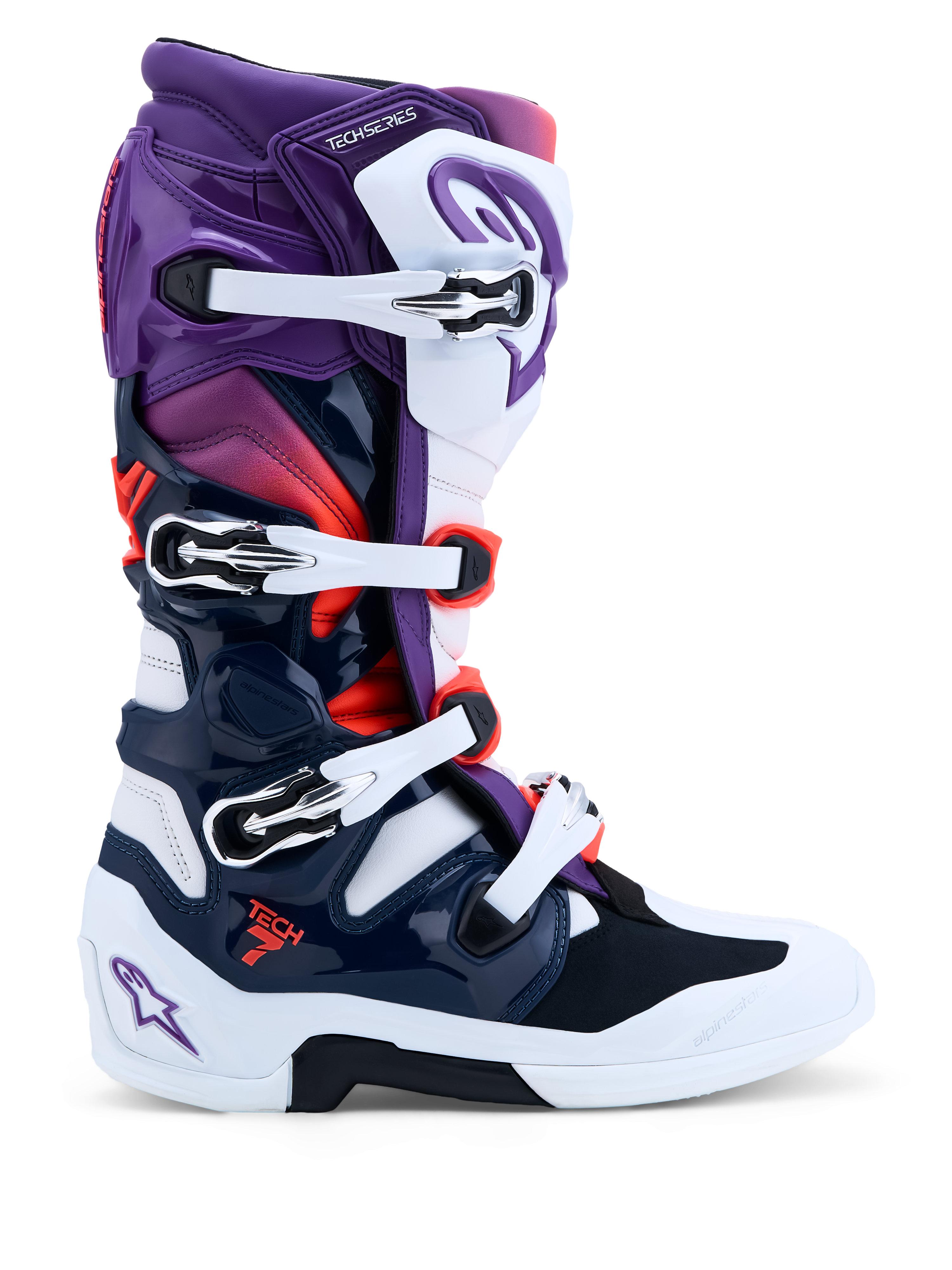 Alpinestars Stivali Tech 7, stivali da motocross da uomo, viola, bianco e blu scuro, sistema a doppio pivot, protezioni in TPU, certificati CE