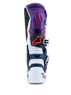 Alpinestars Stivali Tech 7, stivali da motocross da uomo viola e bianchi, vista posteriore con protezioni TPU e rosso fluo