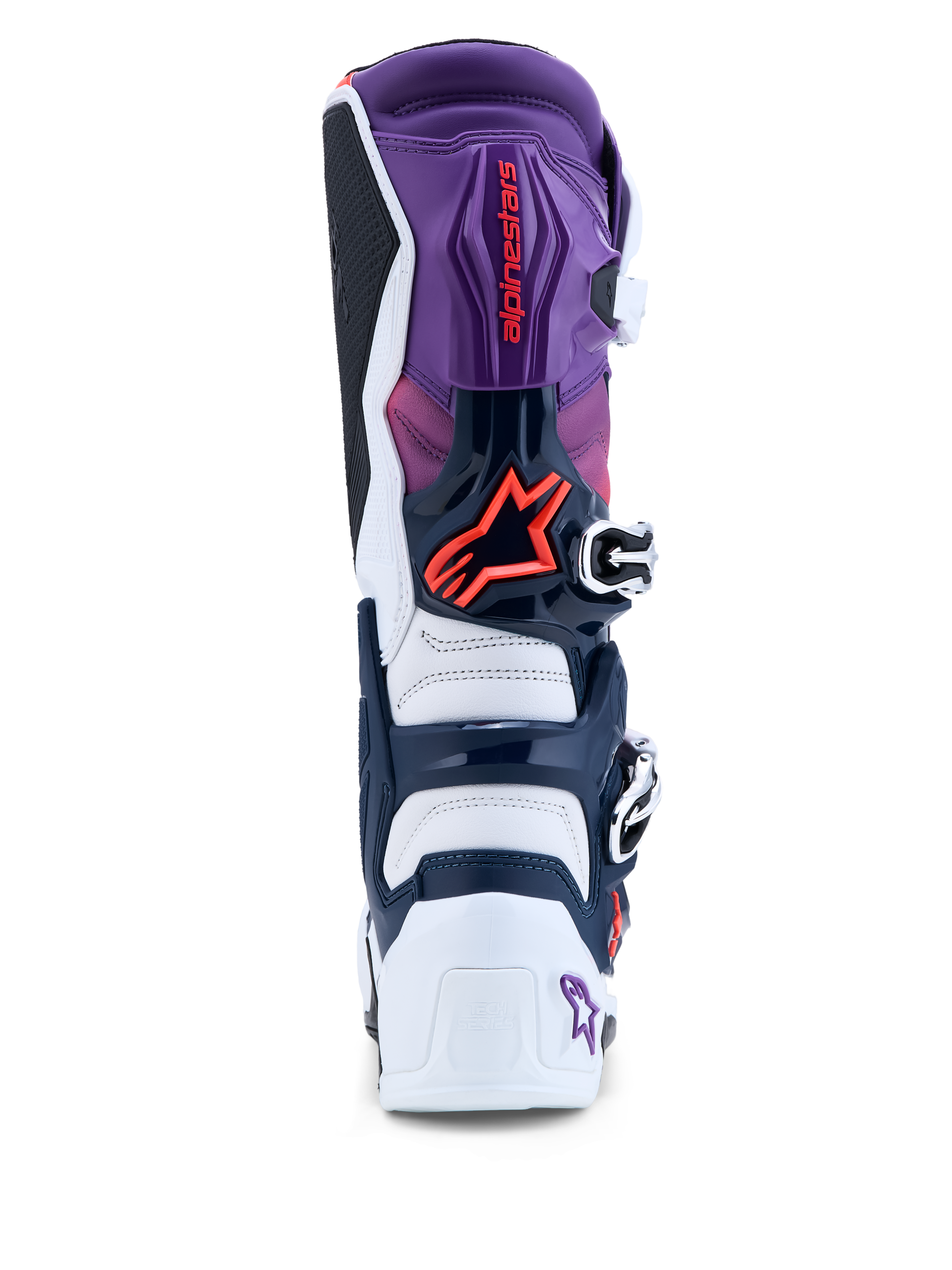Alpinestars Stivali Tech 7, stivali da motocross da uomo viola e bianchi, vista posteriore con protezioni TPU e rosso fluo