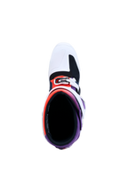 Alpinestars Stivali Tech 7, stivali da motocross da uomo viola e bianchi, vista dall'alto con imbottitura interna e fibbia.