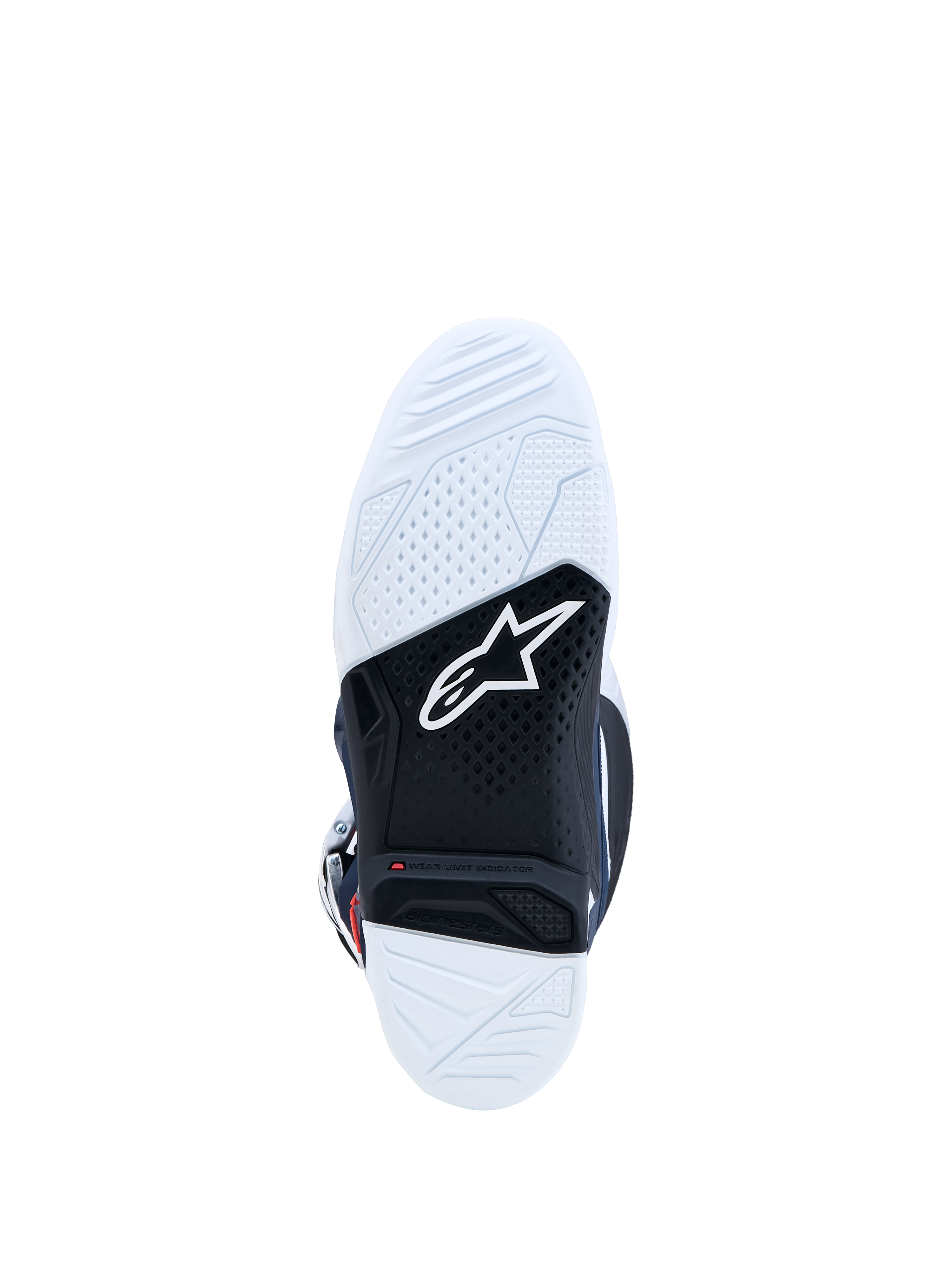 Alpinestars Stivali Tech 7, suola da motocross in gomma bianca e nera con indicatore di usura rosso, protezione off-road