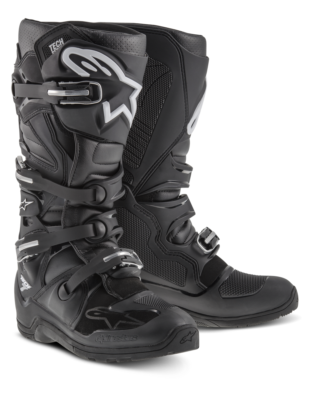 Stivali Alpinestars Tech 7 Enduro, stivali da motocross e fuoristrada, nero con logo Alpinestars bianco, quattro fibbie regolabili, piastra tibiale in TPU e suola resistente specifica per l'Enduro