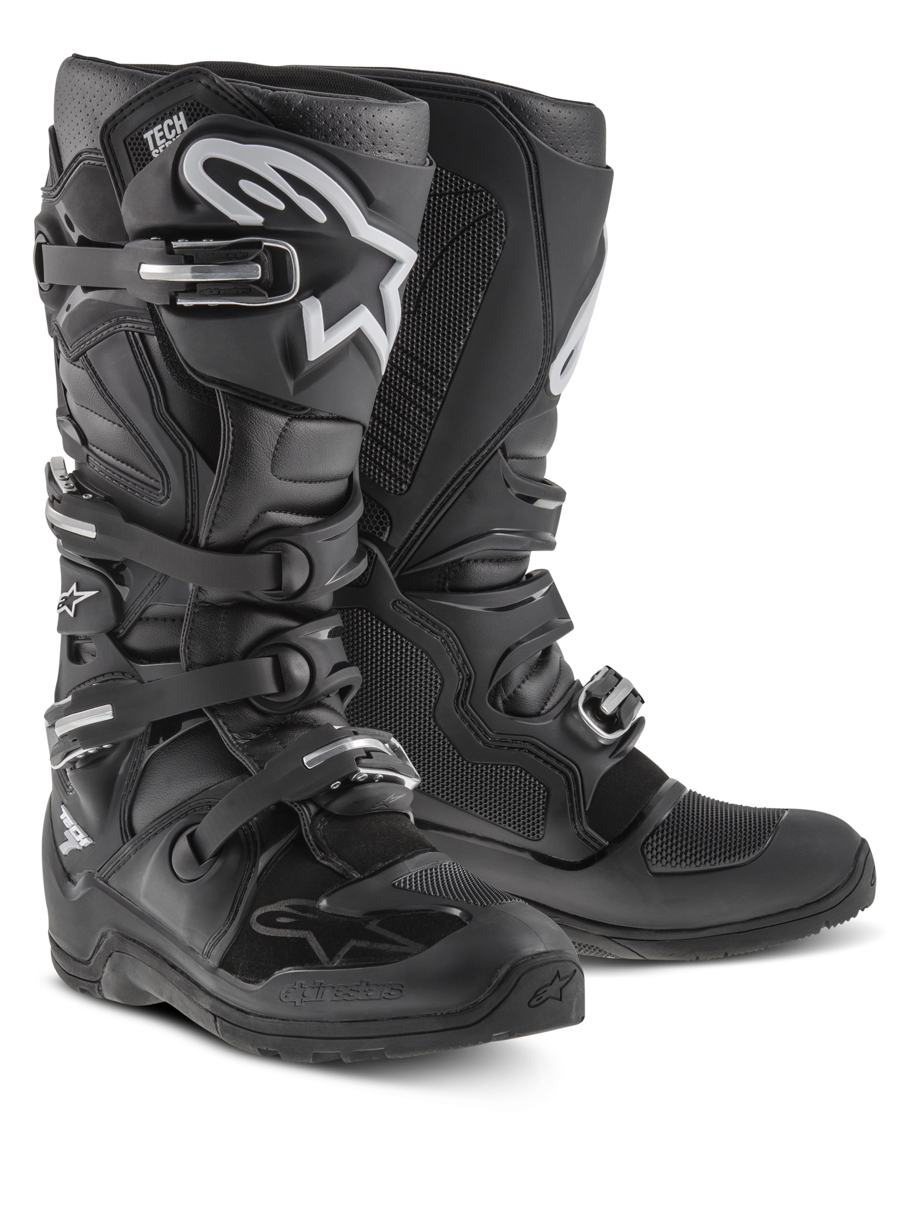 Stivali Alpinestars Tech 7 Enduro, stivali da motocross e fuoristrada, nero con logo Alpinestars bianco, quattro fibbie regolabili, piastra tibiale in TPU e suola resistente specifica per l'Enduro