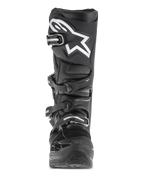 Stivali Alpinestars Tech 7 Enduro, stivali da motocross ed enduro, nero, vista frontale con logo a stella bianco sullo stinco, sistema di chiusura a quattro fibbie e struttura protettiva rinforzata per uso fuoristrada