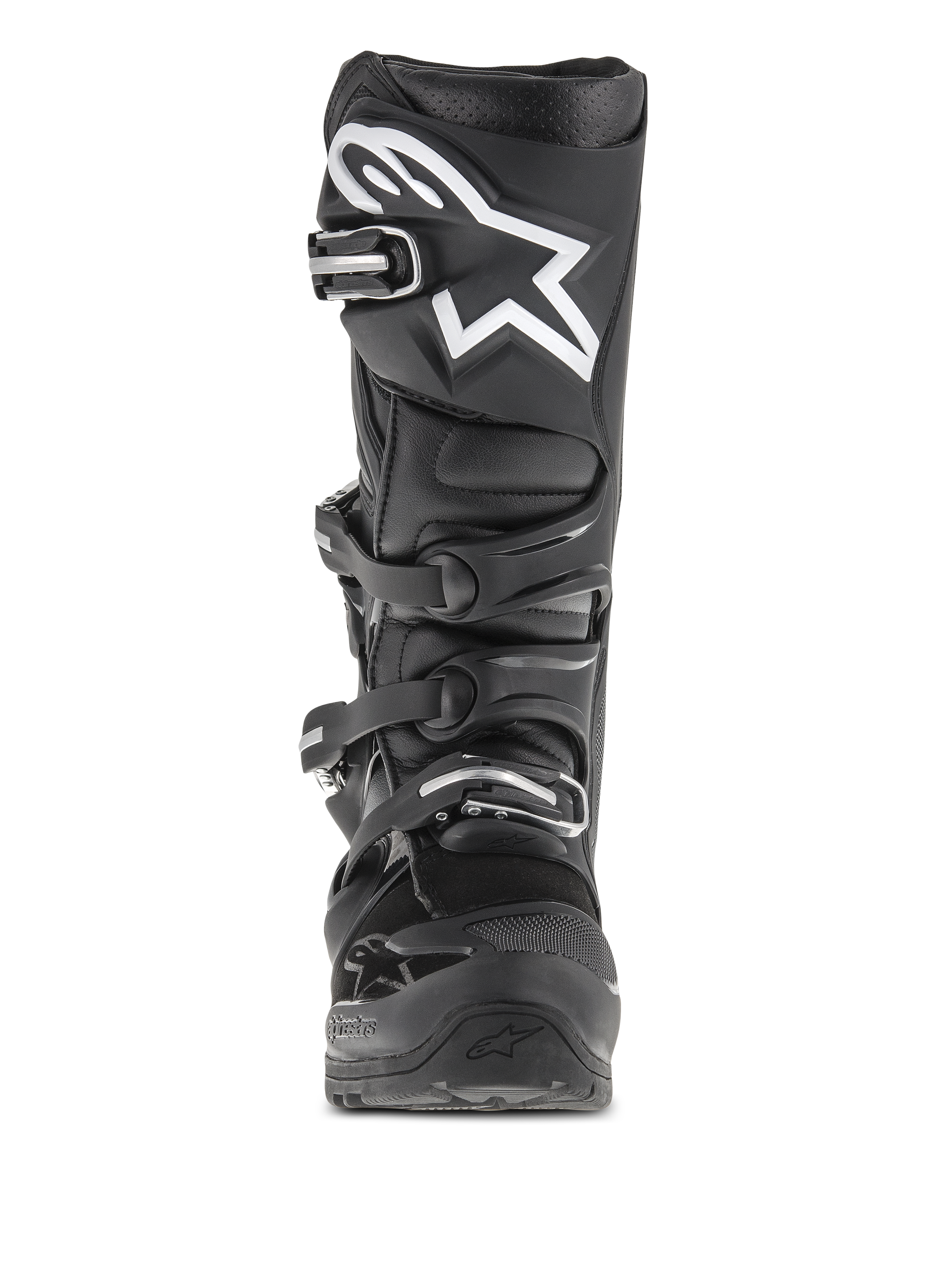 Stivali Alpinestars Tech 7 Enduro, stivali da motocross ed enduro, nero, vista frontale con logo a stella bianco sullo stinco, sistema di chiusura a quattro fibbie e struttura protettiva rinforzata per uso fuoristrada