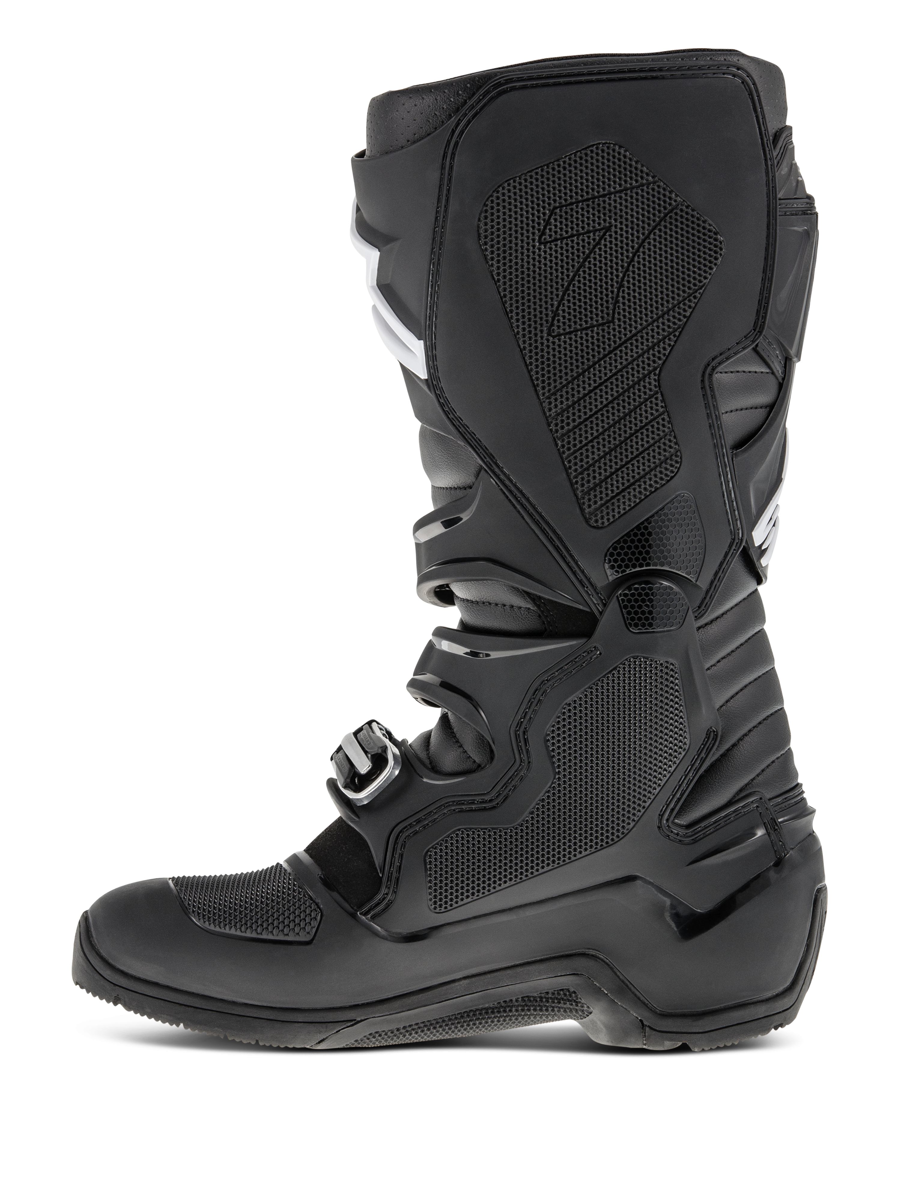 Stivali Alpinestars Tech 7 Enduro, nero, vista del profilo laterale con focus sul lato mediale, inserto in gomma a nido d'ape, pannelli protettivi in TPU e sistema di chiusura con fibbie per prestazioni motocross off-road