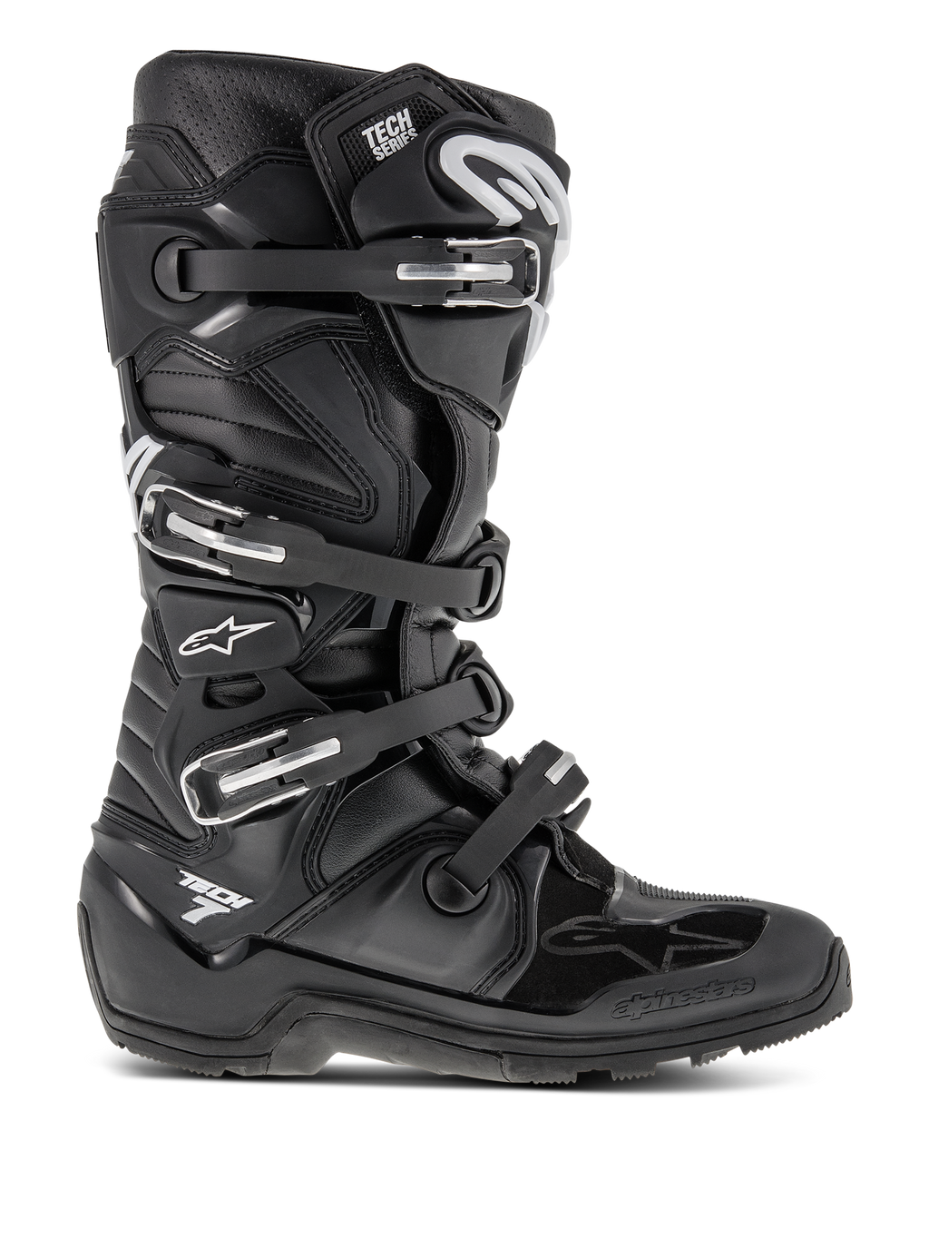 Alpinestars Tech 7 Enduro Boots, stivali da motocross neri, dotati di quattro fibbie regolabili e telaio in TPU rinforzato, suola a carrarmato per trazione fuoristrada, logo a stella bianco e marchio Tech 7, calzature resistenti ad alte prestazioni per enduro e dirt bike