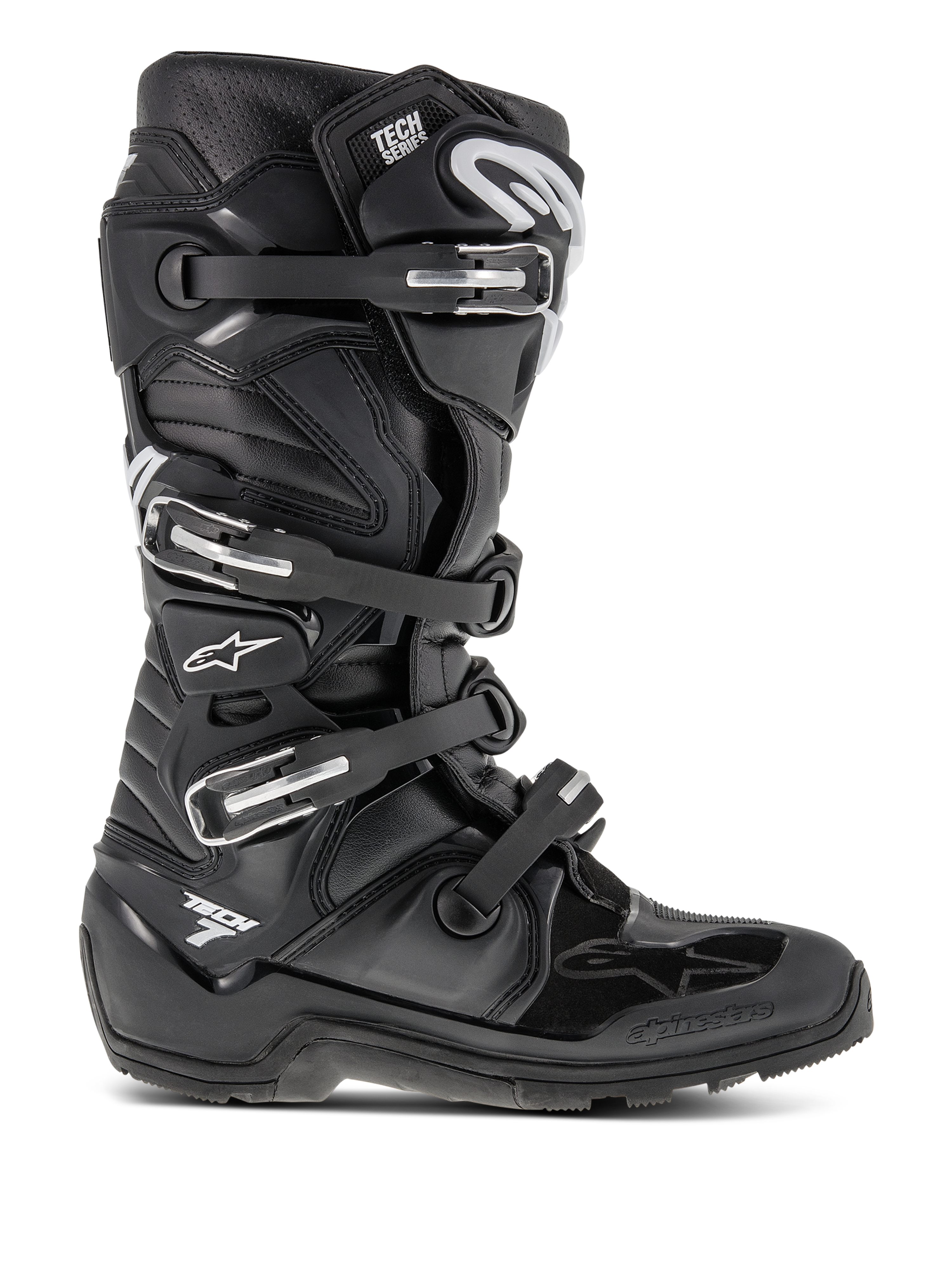 Alpinestars Tech 7 Enduro Boots, stivali da motocross neri, dotati di quattro fibbie regolabili e telaio in TPU rinforzato, suola a carrarmato per trazione fuoristrada, logo a stella bianco e marchio Tech 7, calzature resistenti ad alte prestazioni per enduro e dirt bike