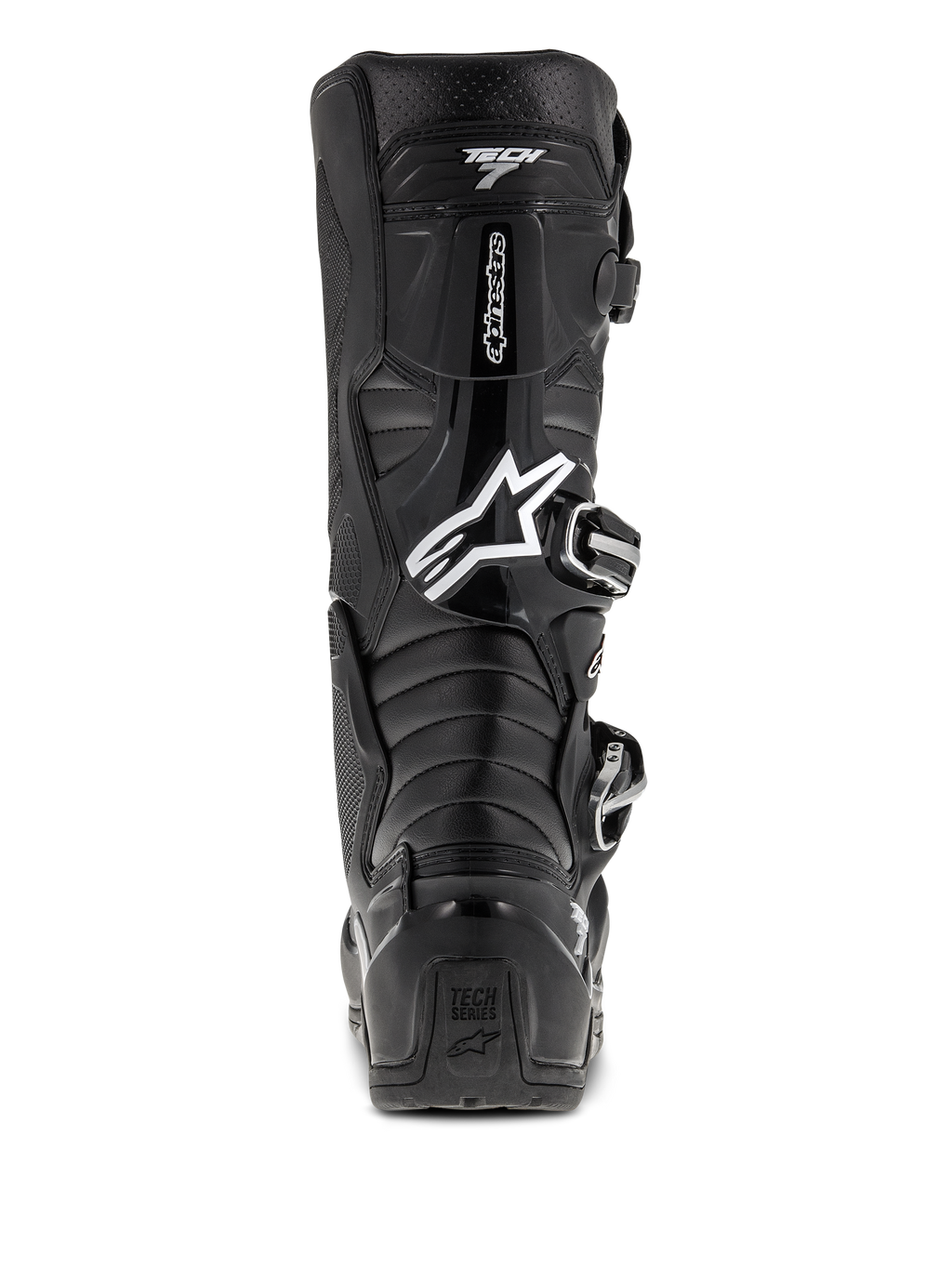 Stivali Alpinestars Tech 7 Enduro, nero, vista posteriore con logo Astars bianco e marchio "Tech 7", guscio protettivo in TPU con sistema di chiusura a fibbie, costruzione resistente per gare off-road e motocross