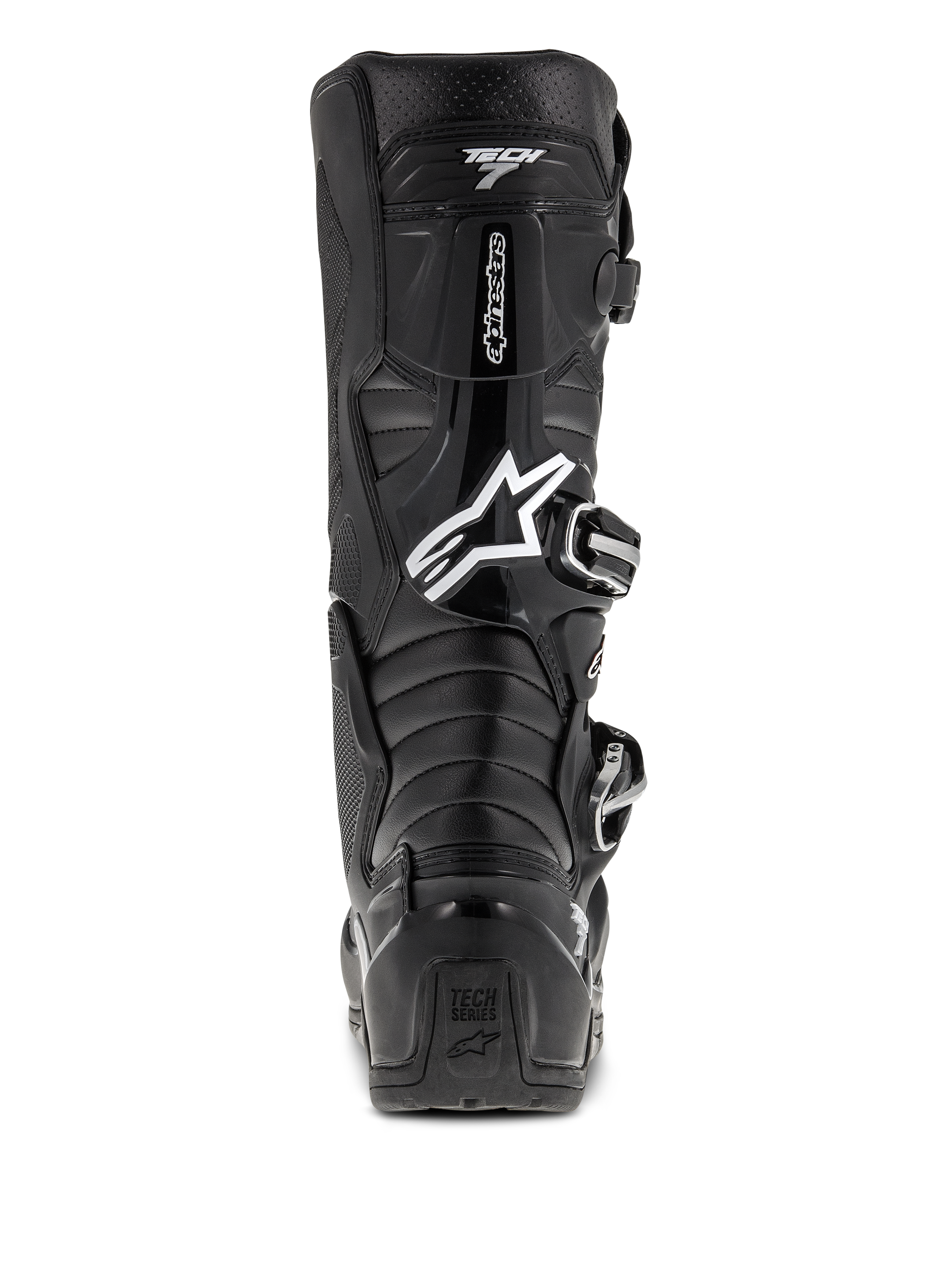 Stivali Alpinestars Tech 7 Enduro, nero, vista posteriore con logo Astars bianco e marchio "Tech 7", guscio protettivo in TPU con sistema di chiusura a fibbie, costruzione resistente per gare off-road e motocross