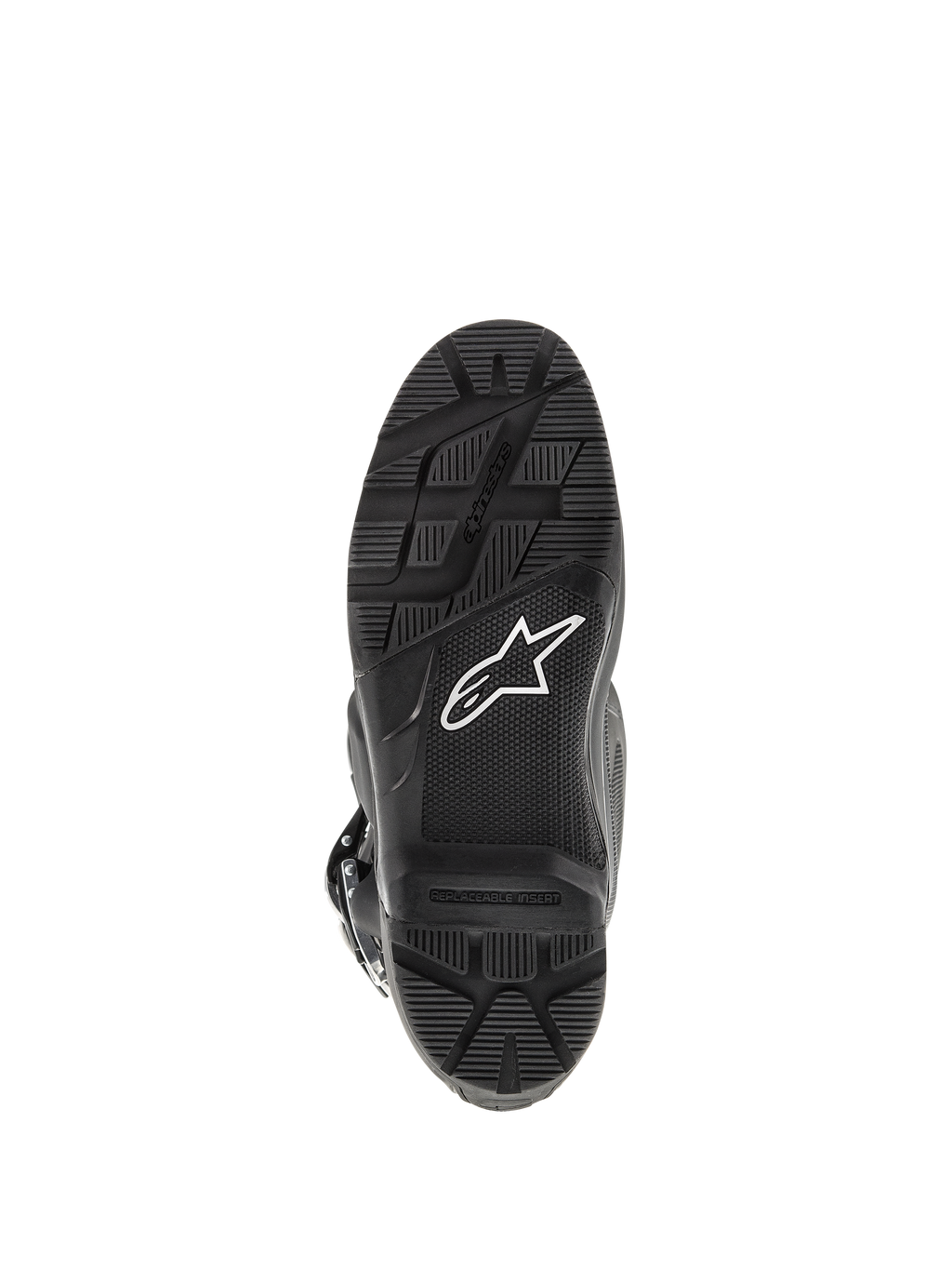 Stivali Alpinestars Tech 7 Enduro, nero, vista inferiore della suola, con battistrada robusto per la guida Enduro, logo a stella bianco e inserto pedana sostituibile