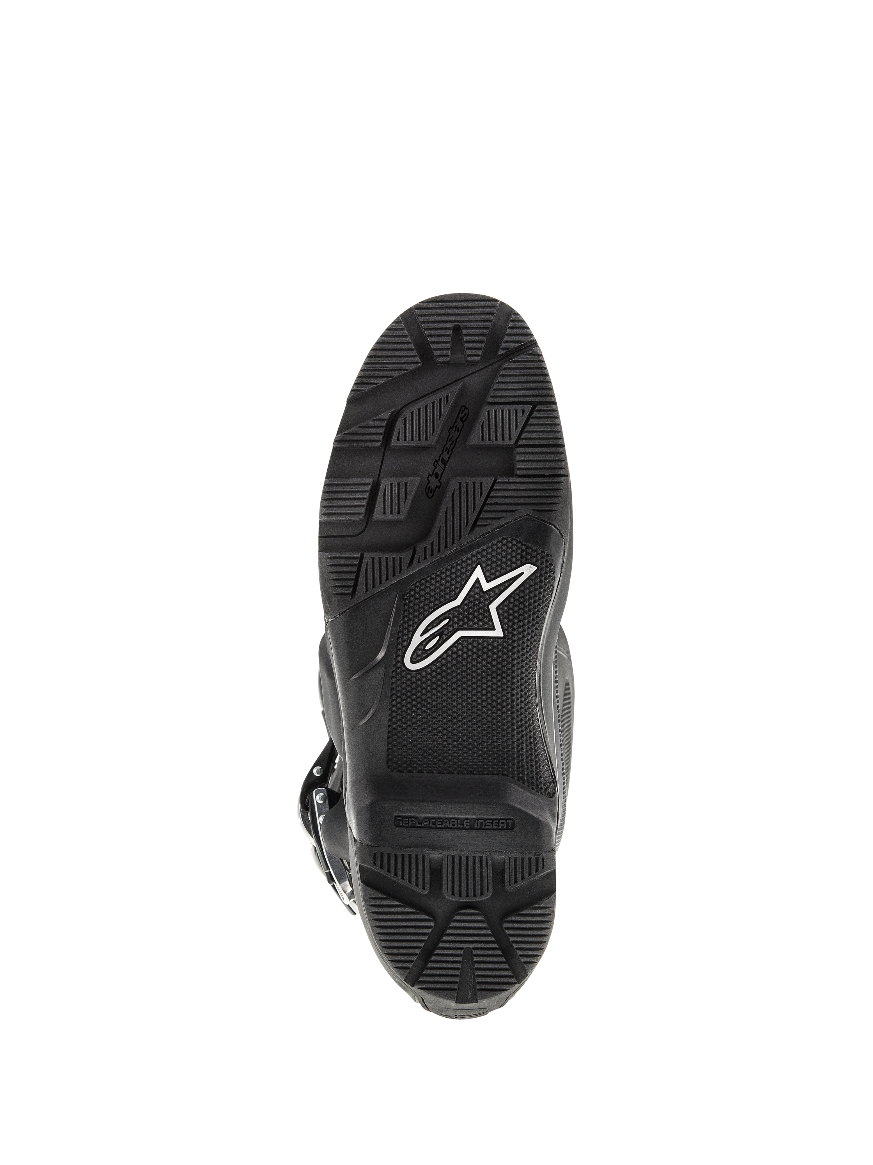 Stivali Alpinestars Tech 7 Enduro, nero, vista inferiore della suola, con battistrada robusto per la guida Enduro, logo a stella bianco e inserto pedana sostituibile