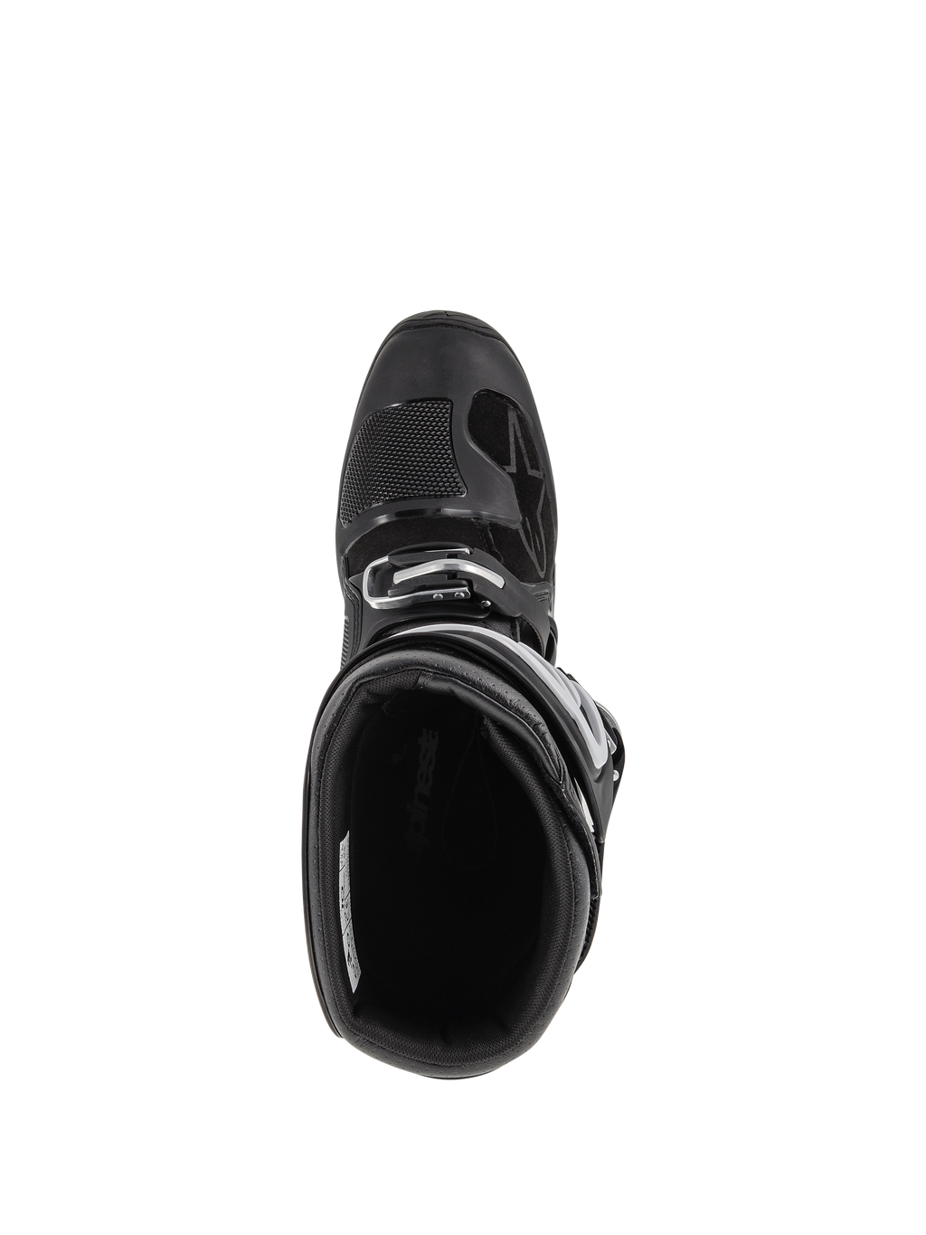 Alpinestars Tech 7 Enduro Boots, stivali da motocross, nero, vista dall'alto dell'interno imbottito, chiusura con fibbia regolabile e punta rinforzata con protezione cambio testurizzata