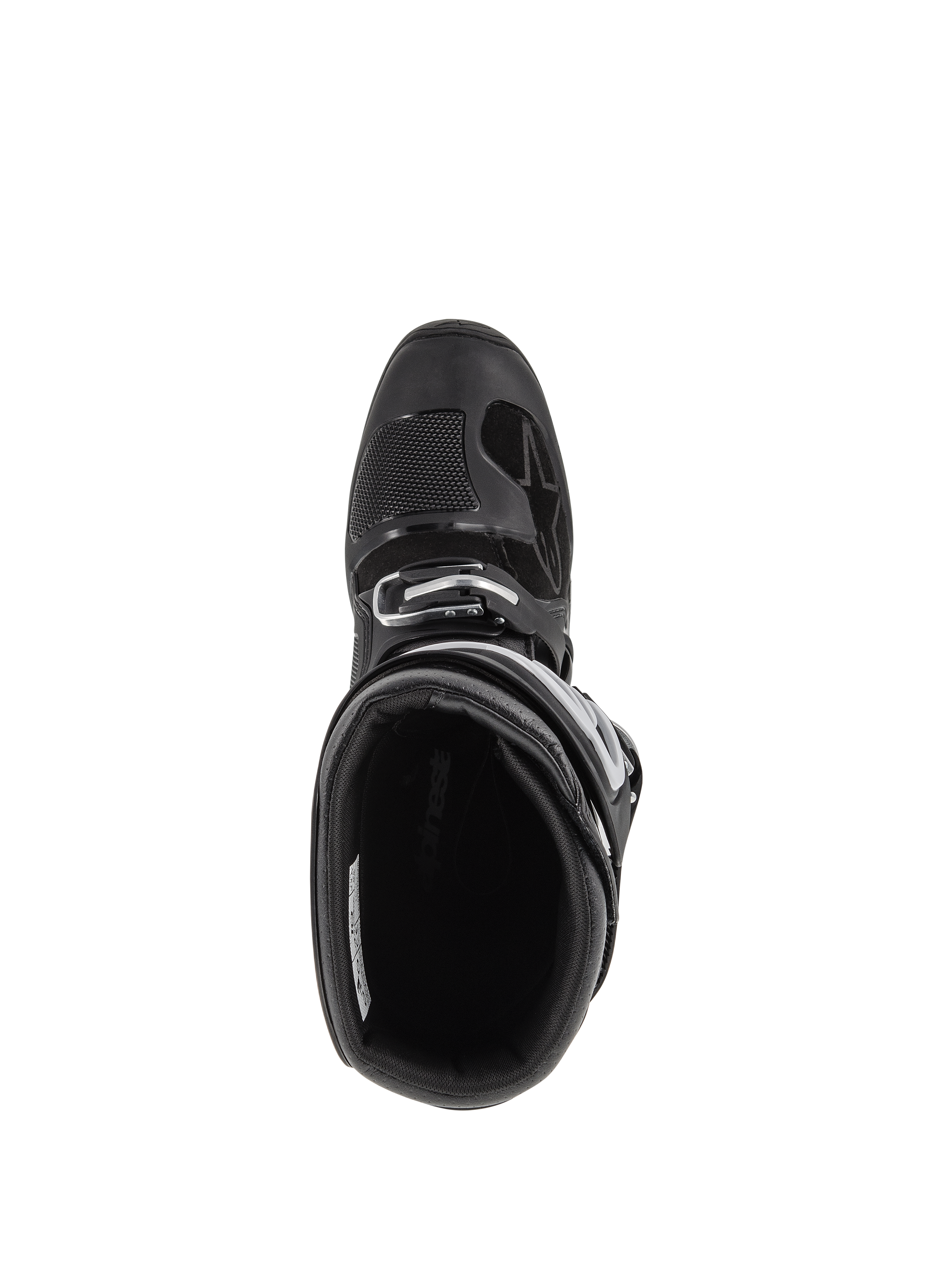 Alpinestars Tech 7 Enduro Boots, stivali da motocross, nero, vista dall'alto dell'interno imbottito, chiusura con fibbia regolabile e punta rinforzata con protezione cambio testurizzata