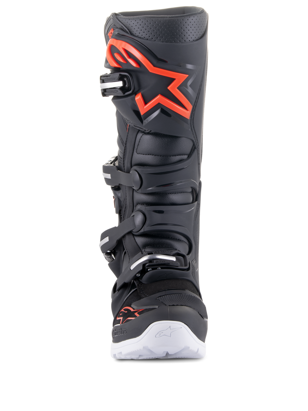 Stivali Alpinestars Tech 7 Enduro, nero e rosso fluo, vista frontale, con grande logo rosso sulla piastra tibiale, sistema di chiusura a quattro fibbie e accenti bianchi sulla suola esterna, calzature professionali da motocross e fuoristrada