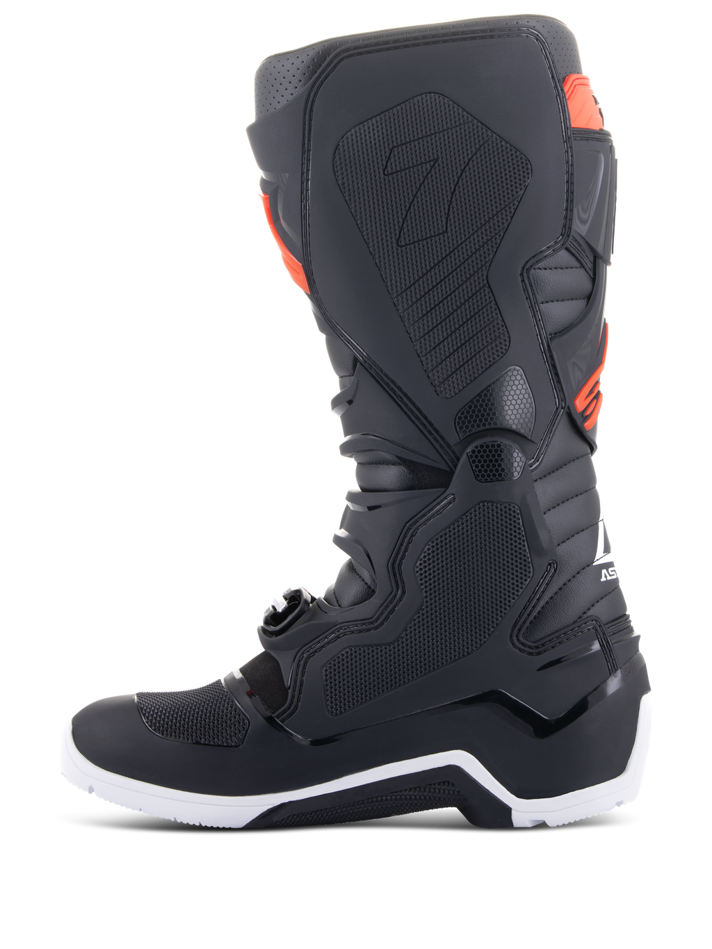 Stivali Alpinestars Tech 7 Enduro, nero e rosso fluo, vista del profilo mediale con pannelli grip a nido d'ape e suola bianca, stivali da moto fuoristrada ad alte prestazioni