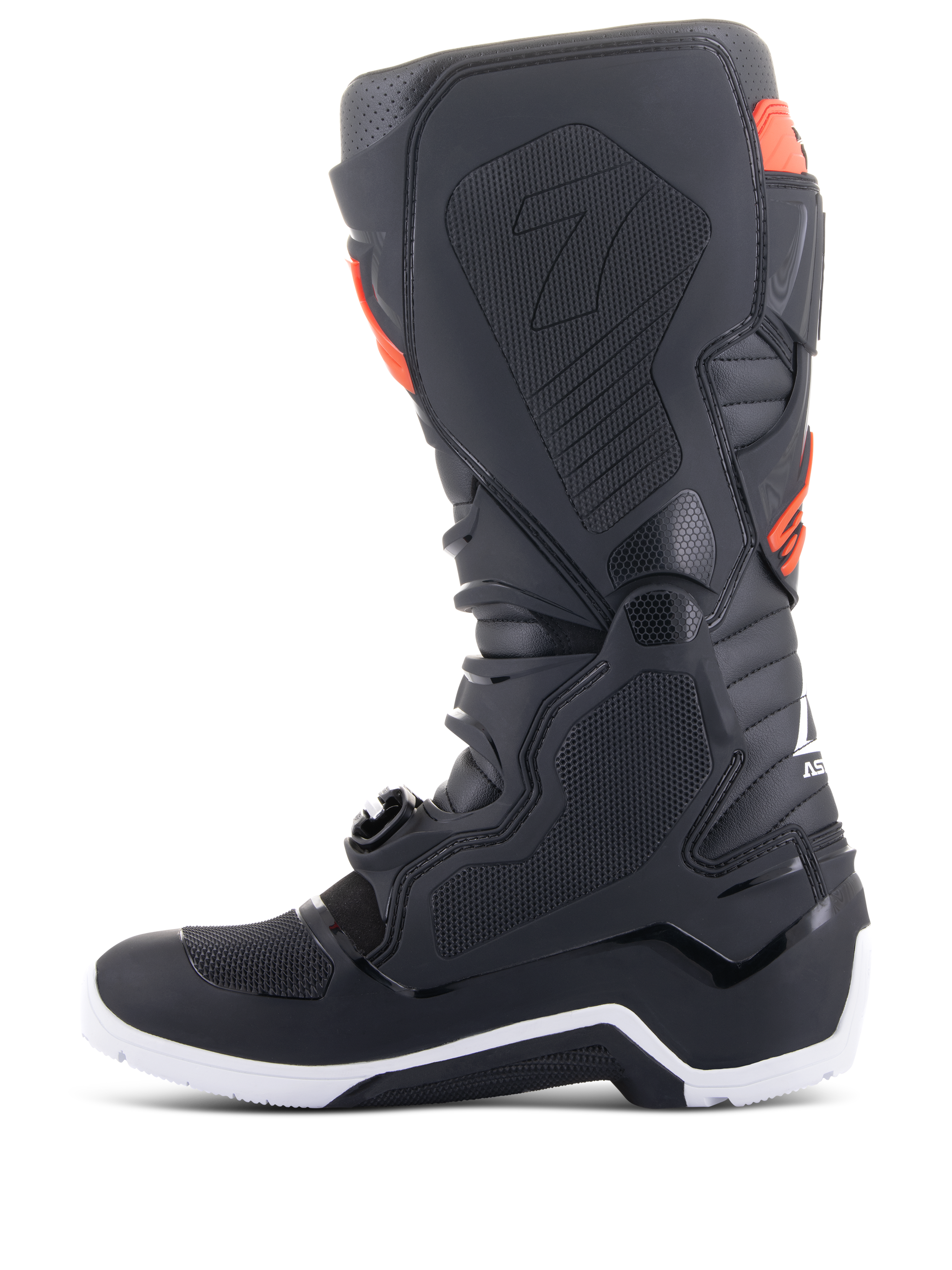 Stivali Alpinestars Tech 7 Enduro, nero e rosso fluo, vista del profilo mediale con pannelli grip a nido d'ape e suola bianca, stivali da moto fuoristrada ad alte prestazioni