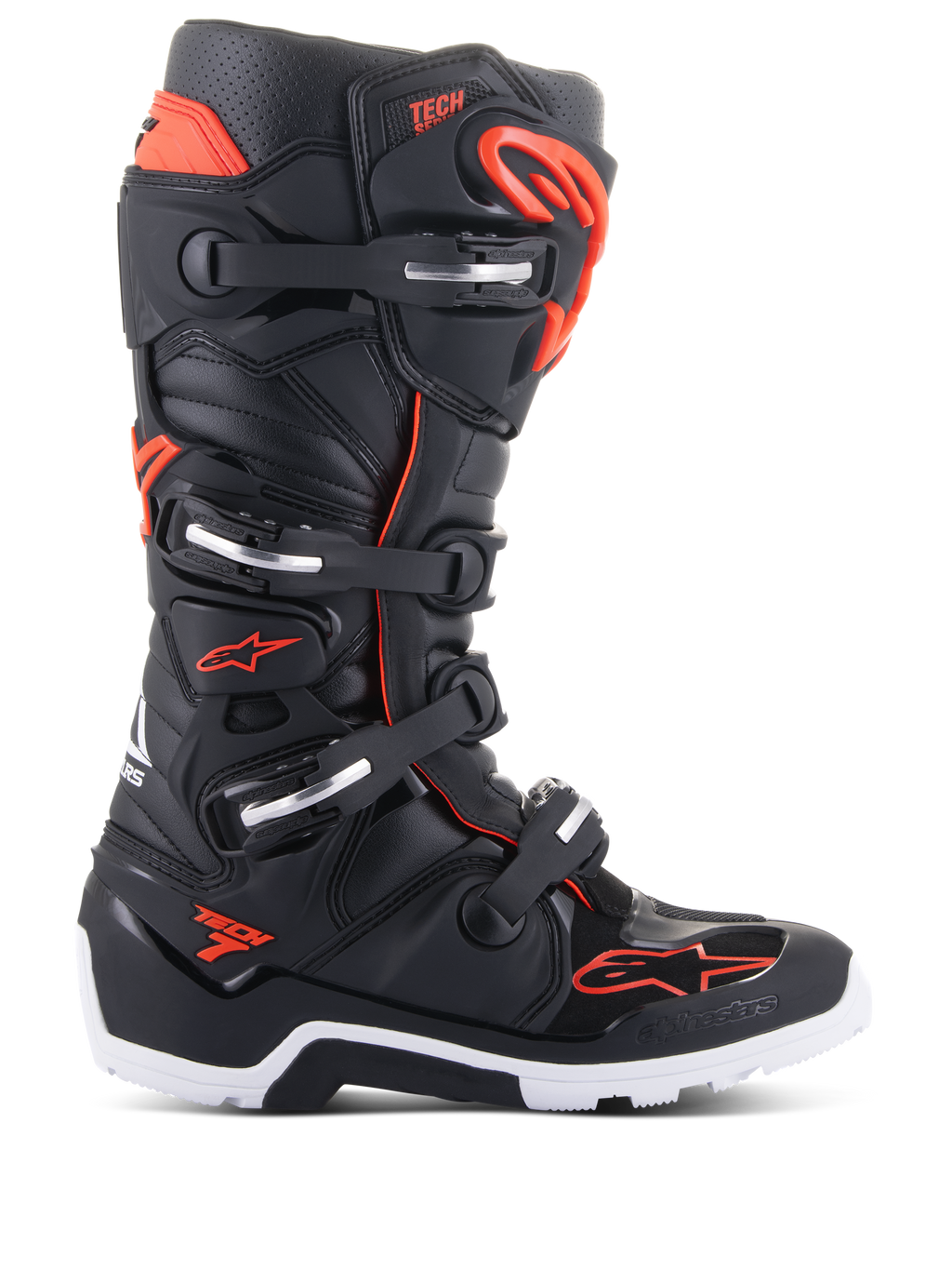 Stivali Alpinestars Tech 7 Enduro, stivali da motocross e fuoristrada, nero e rosso fluo, sistema di chiusura a quattro fibbie con accenti argento, suola robusta bianca e nera, logo Alpinestars sulla punta e sul lato, protezione professionale per enduro e trail riding