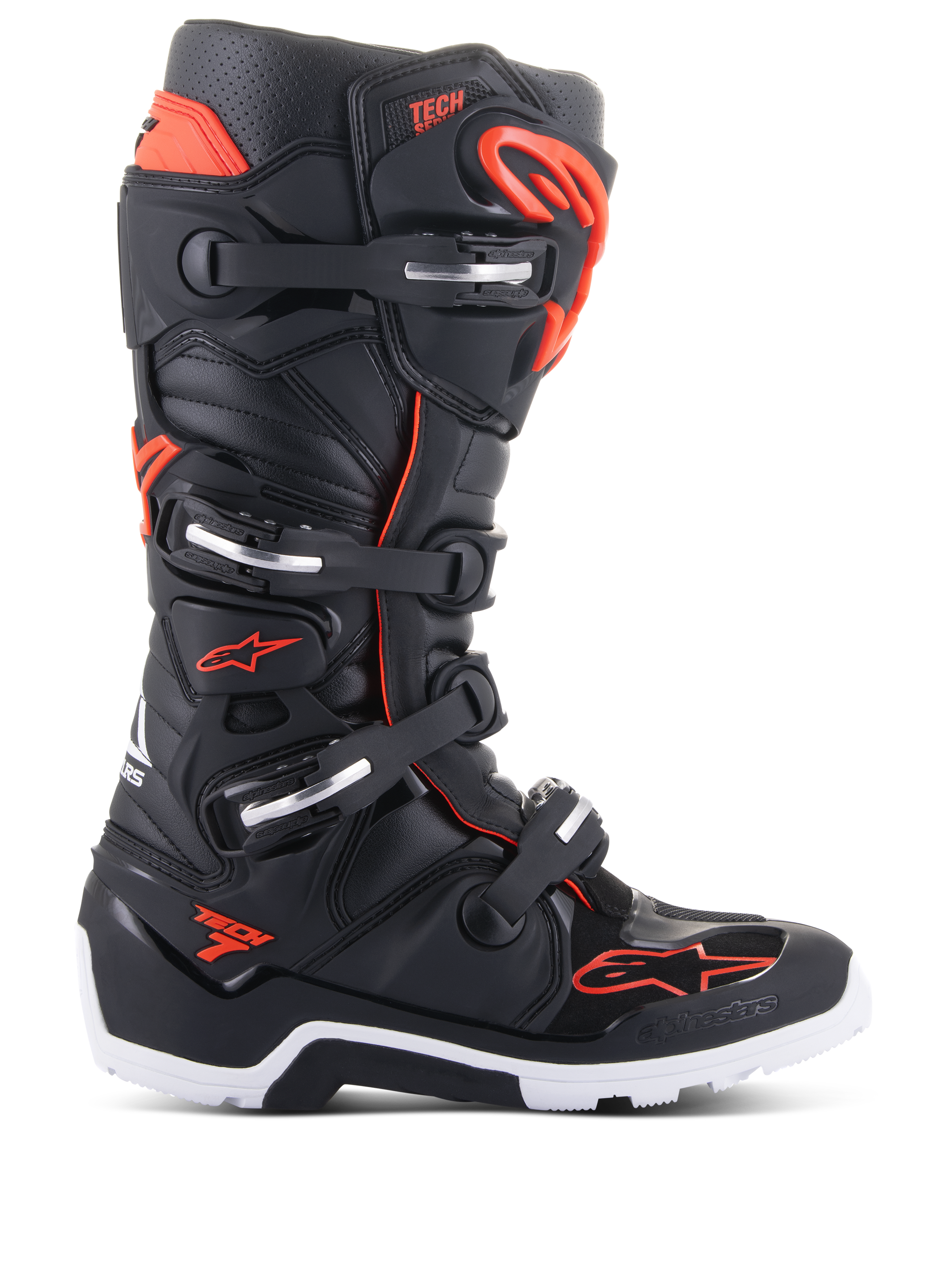 Stivali Alpinestars Tech 7 Enduro, stivali da motocross e fuoristrada, nero e rosso fluo, sistema di chiusura a quattro fibbie con accenti argento, suola robusta bianca e nera, logo Alpinestars sulla punta e sul lato, protezione professionale per enduro e trail riding