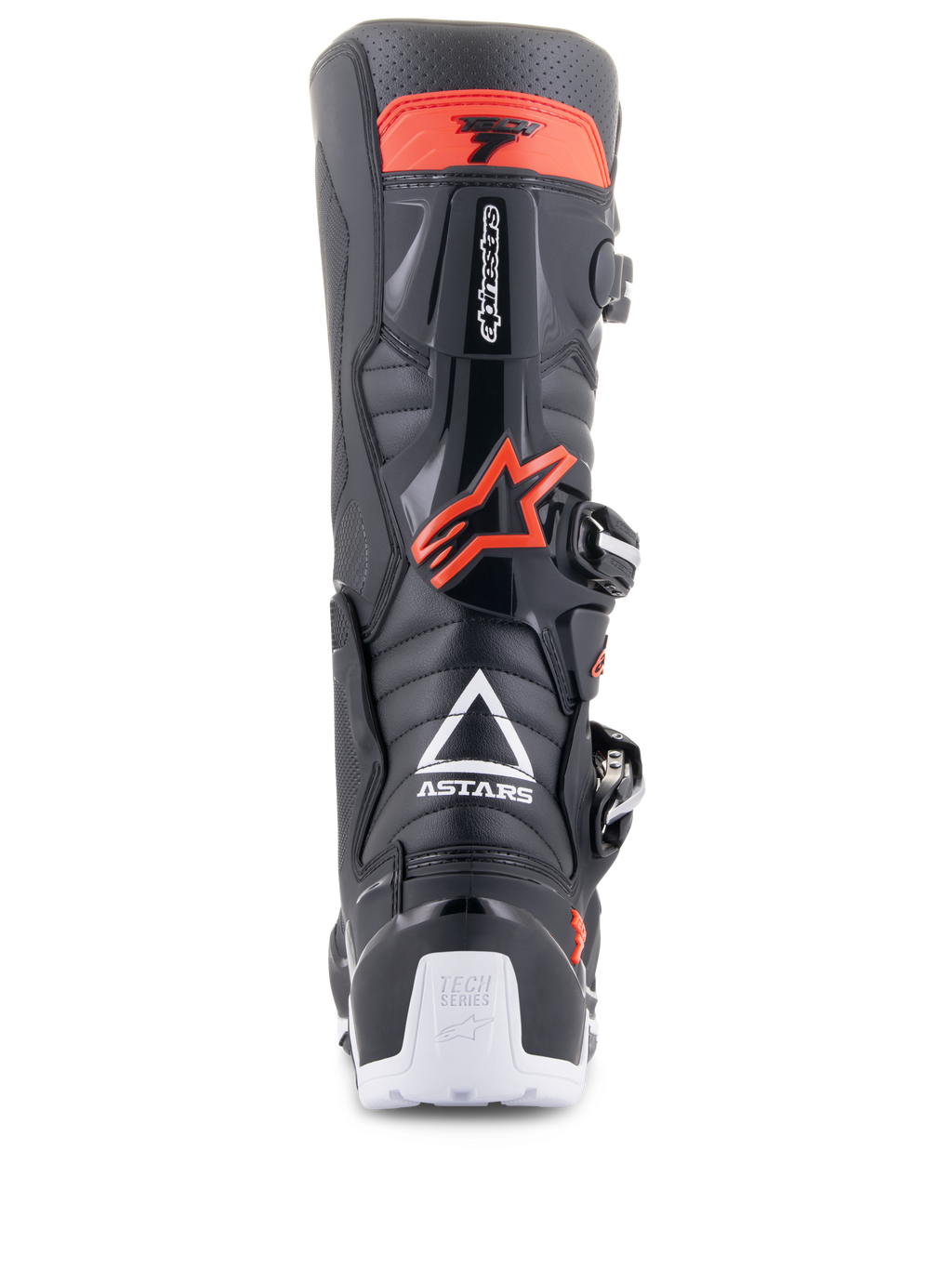 Stivali Alpinestars Tech 7 Enduro, nero e rosso fluo, vista posteriore con logo ASTARS bianco, protezione del polpaccio in TPU rosso e dettagli bianchi sul tallone, calzatura resistente per moto fuoristrada
