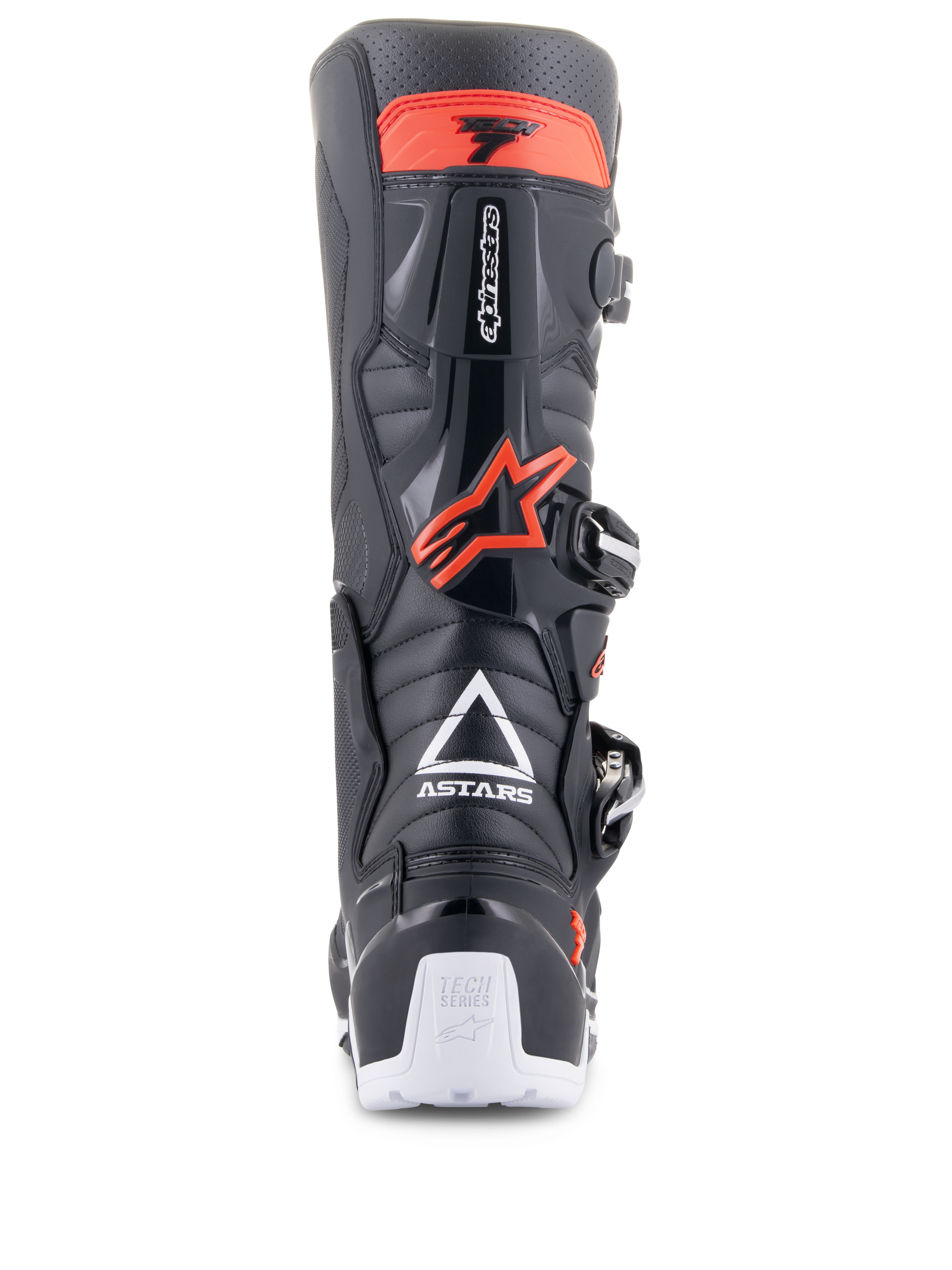 Stivali Alpinestars Tech 7 Enduro, nero e rosso fluo, vista posteriore con logo ASTARS bianco, protezione del polpaccio in TPU rosso e dettagli bianchi sul tallone, calzatura resistente per moto fuoristrada