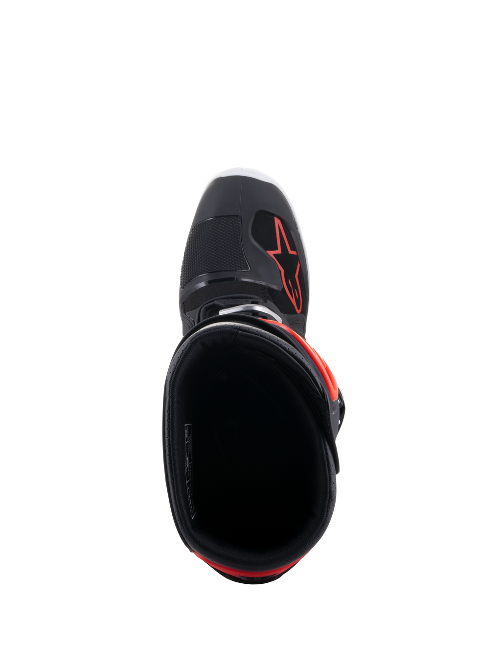 Stivali Alpinestars Tech 7 Enduro, Nero e Rosso Fluo, vista dall'alto dell'apertura dello stivale, con fodera interna nera e logo a stella rosso sull'avampiede