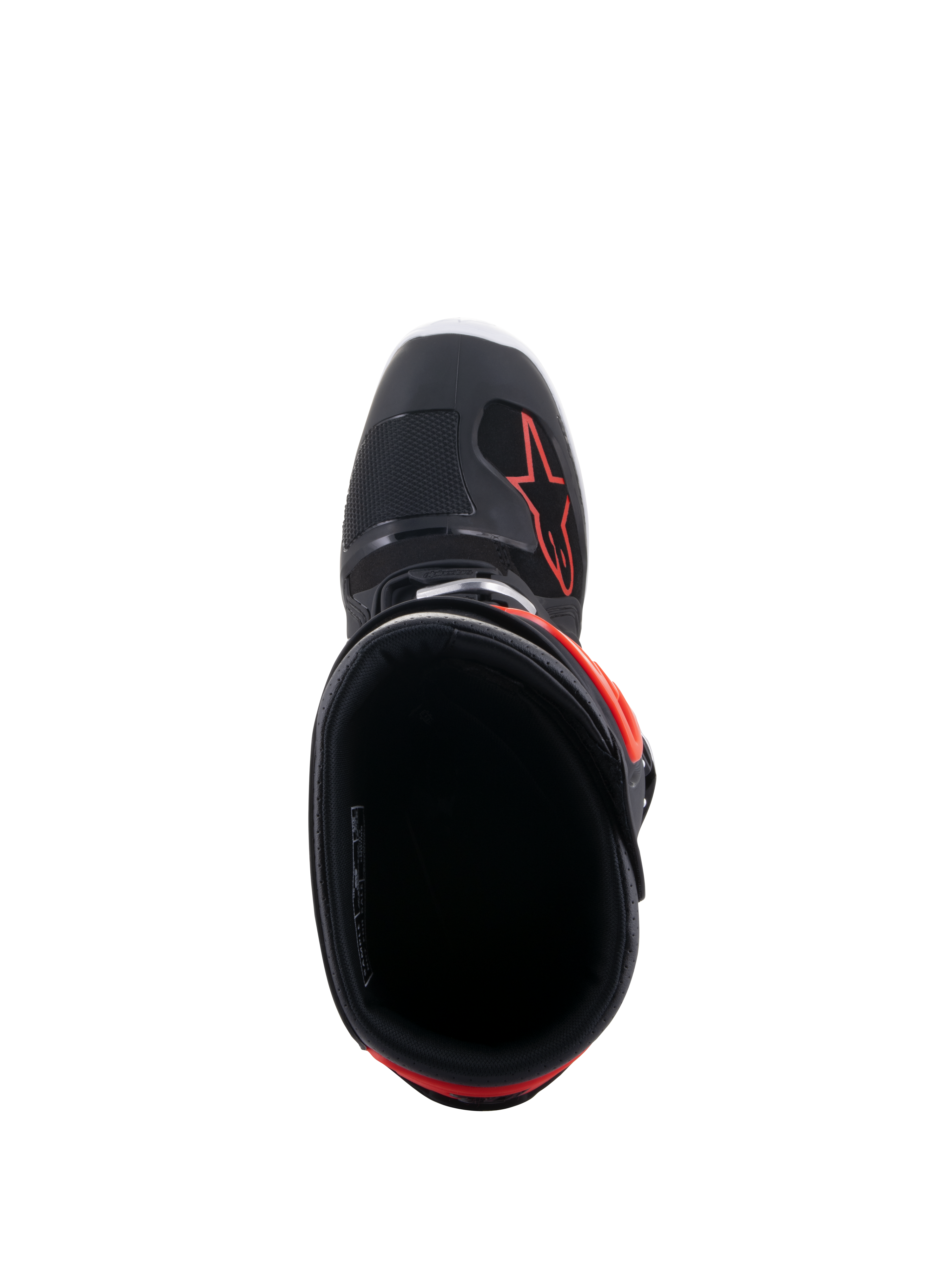 Stivali Alpinestars Tech 7 Enduro, Nero e Rosso Fluo, vista dall'alto dell'apertura dello stivale, con fodera interna nera e logo a stella rosso sull'avampiede