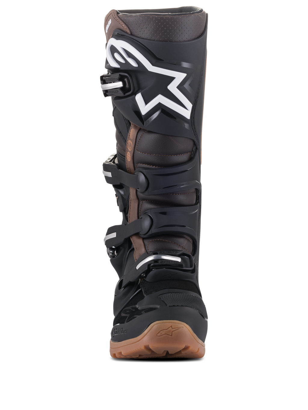 Stivali Alpinestars Tech 7 Enduro, stivali da motocross ed enduro, nero e marrone scuro, vista frontale con logo bianco sulla placca tibiale, sistema di fibbie regolabili e suola robusta in mescola marrone per aderenza off-road