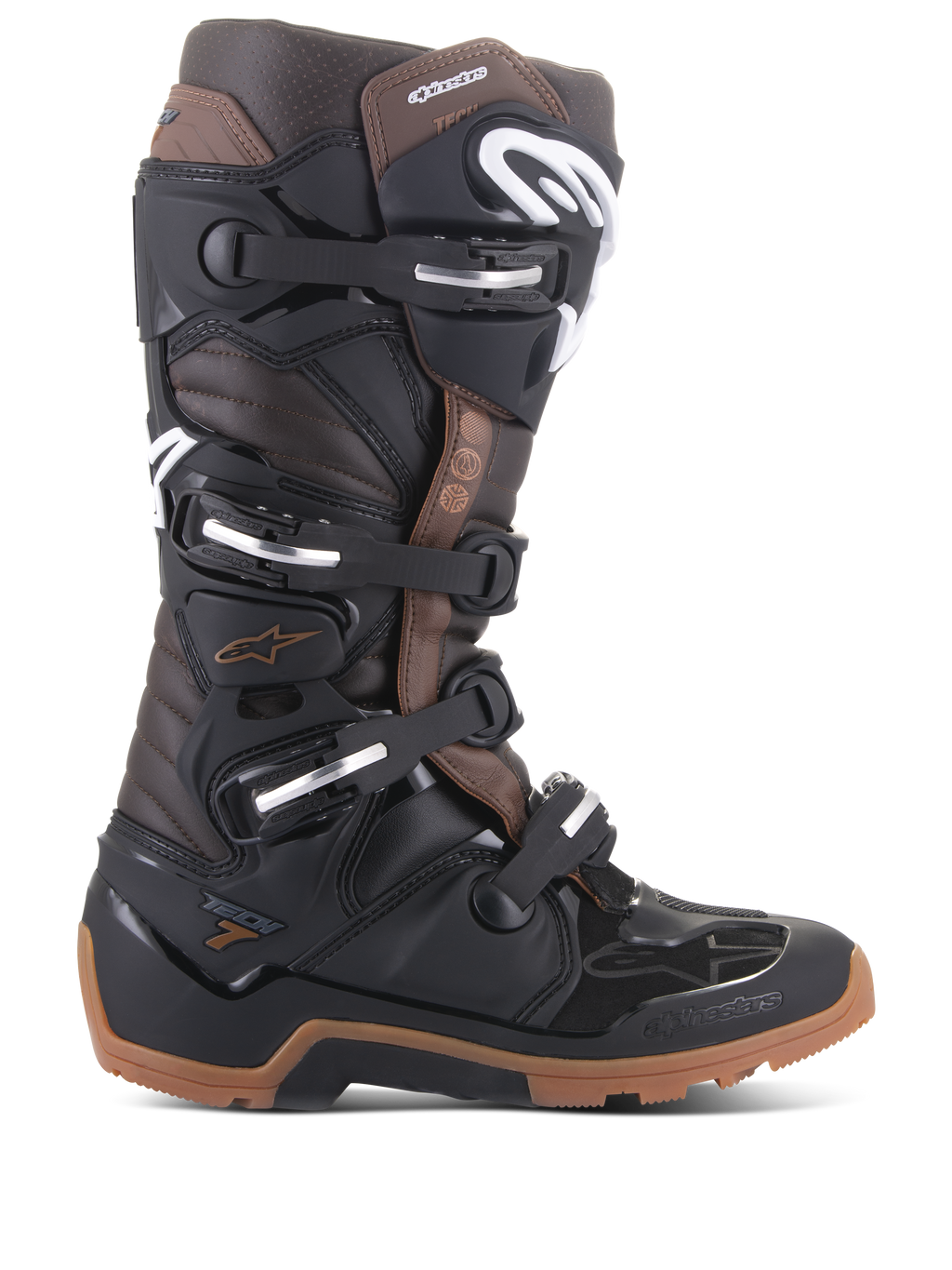 Alpinestars Tech 7 Enduro Boots, stivali da moto off-road, nero e marrone scuro, fibbie regolabili multiple, suola enduro robusta, costruzione protettiva per guida enduro e motocross