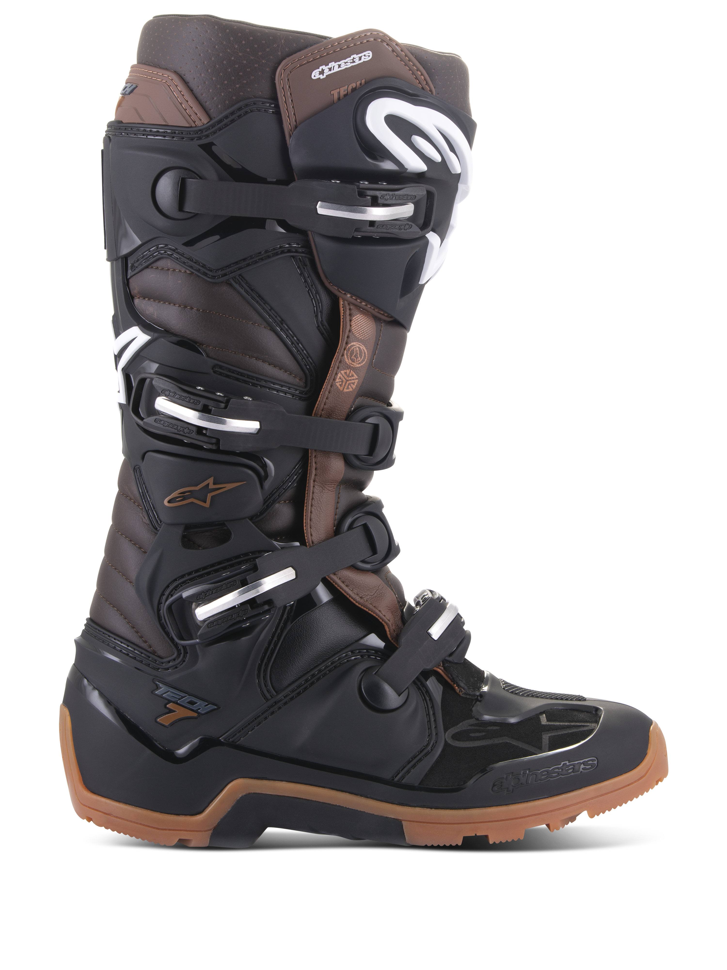 Alpinestars Tech 7 Enduro Boots, stivali da moto off-road, nero e marrone scuro, fibbie regolabili multiple, suola enduro robusta, costruzione protettiva per guida enduro e motocross