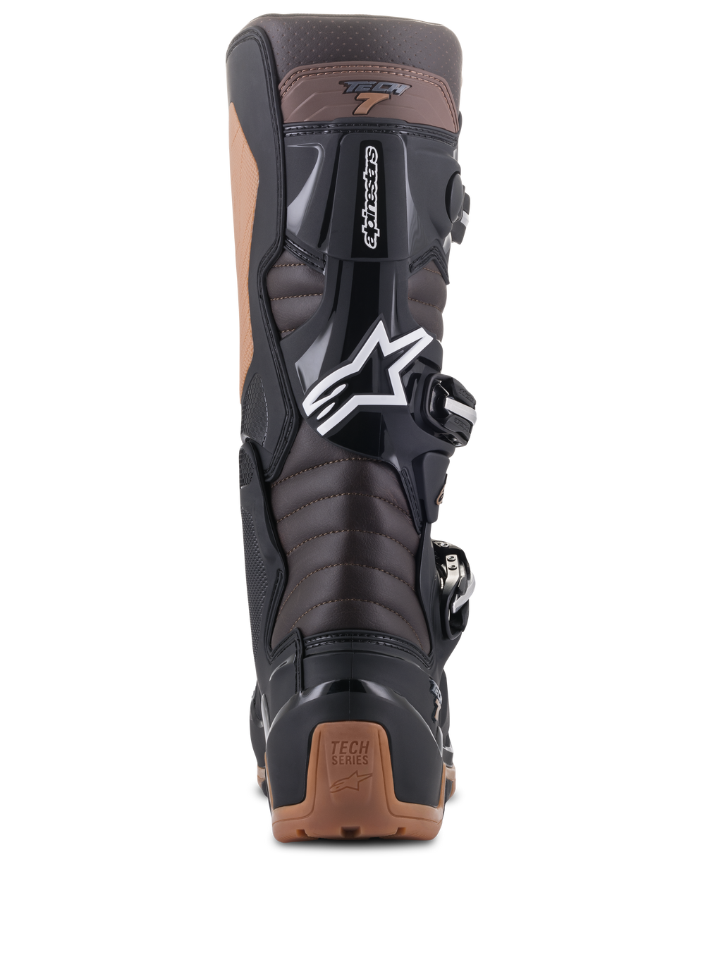 Stivali Alpinestars Tech 7 Enduro, nero e marrone scuro, vista posteriore con zone di flessione a fisarmonica sul tendine d'Achille e protezione in TPU, logo a stella Alpinestars bianco e dettagli del tallone color tan, design robusto per Enduro e fuoristrada