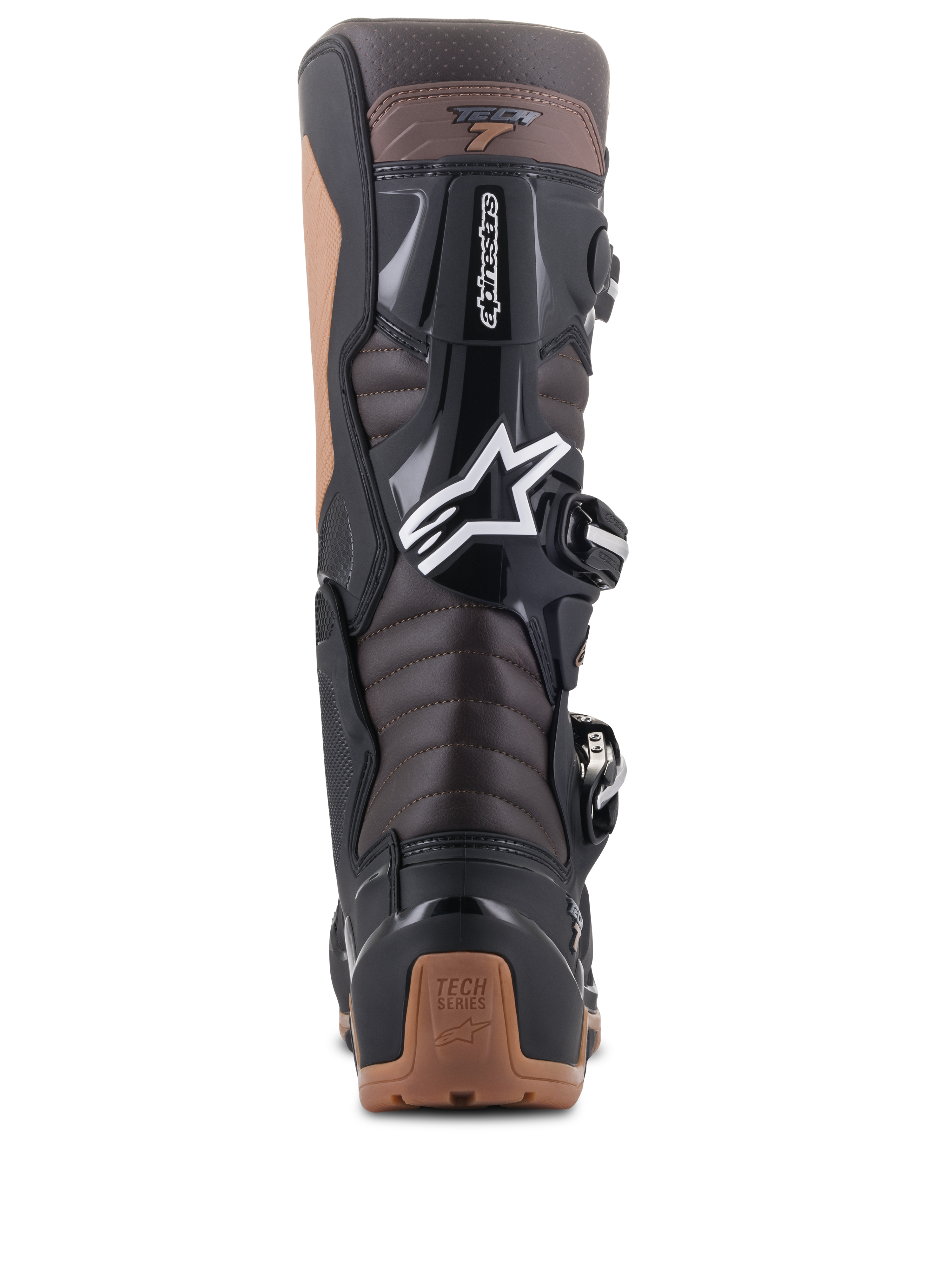 Stivali Alpinestars Tech 7 Enduro, nero e marrone scuro, vista posteriore con zone di flessione a fisarmonica sul tendine d'Achille e protezione in TPU, logo a stella Alpinestars bianco e dettagli del tallone color tan, design robusto per Enduro e fuoristrada