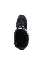 Stivali Alpinestars Tech 7 Enduro, nero e marrone scuro, vista dall'alto che mostra l'apertura dello stivale e la fodera interna, con dettagli delle fibbie bianche e logo Alpinestars, calzatura professionale da motociclismo fuoristrada
