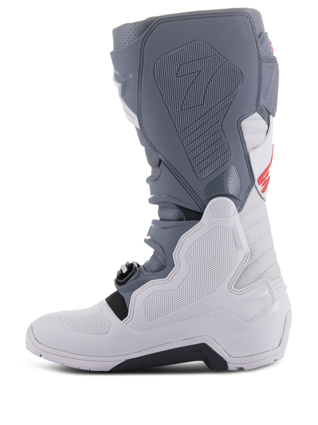Stivali Alpinestars Tech 7 Enduro, Grigio Chiaro, Grigio Scuro e Rosso Brillante, vista laterale di profilo, con pannelli protettivi in TPU, innovativo sistema di chiusura a fibbia e suola in mescola robusta per prestazioni fuoristrada