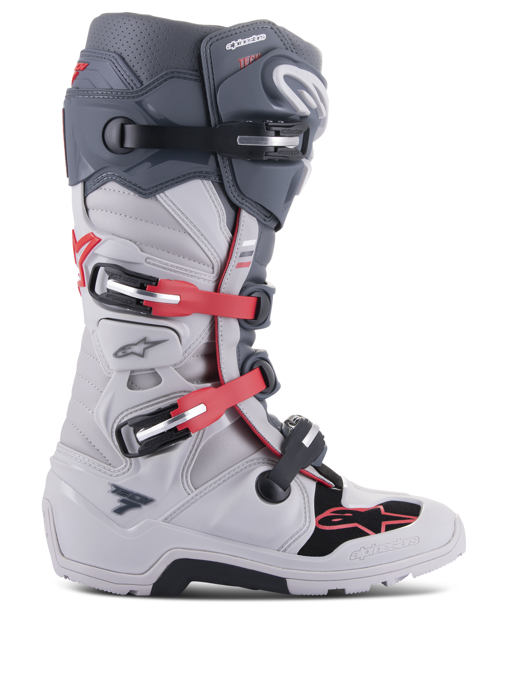 Alpinestars Tech 7 Enduro Boots, stivali da moto fuoristrada, grigio chiaro e grigio scuro con dettagli rosso acceso, vista laterale con sistema di chiusura a fibbie multiple, perno biomeccanico per la stabilità, pannelli protettivi in TPU rinforzato, suola robusta specifica per enduro, attrezzatura ad alte prestazioni per motocross e trail