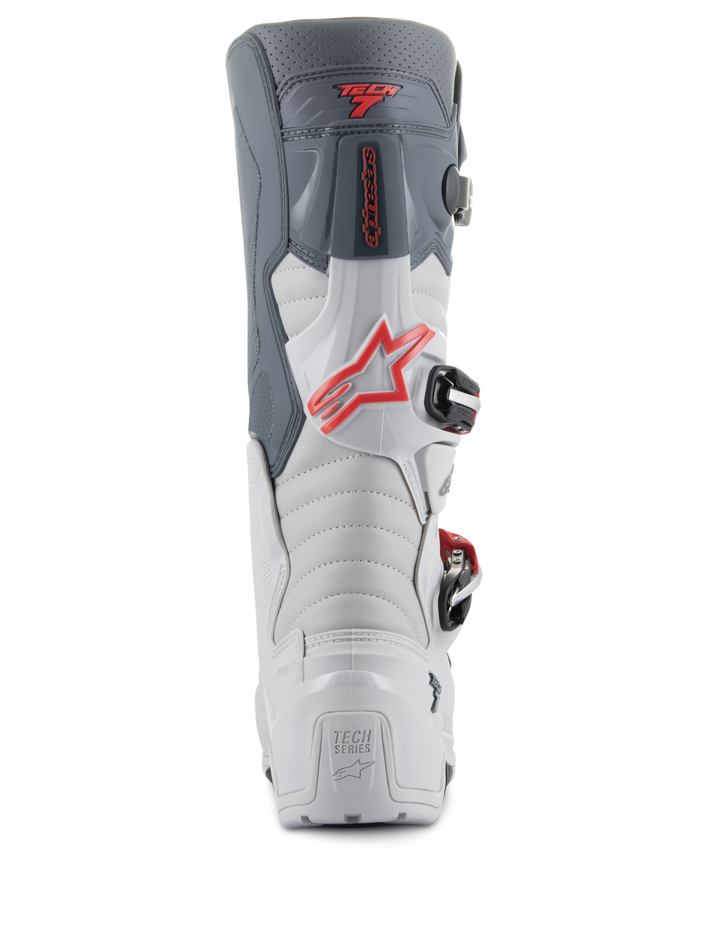 Alpinestars stivali Tech 7 Enduro, vista posteriore, grigio chiaro e grigio scuro con accenti rosso vivace, tallone rinforzato con marchio 'TECH SERIES', logo a stella rosso e sistema di chiusura a fibbia resistente