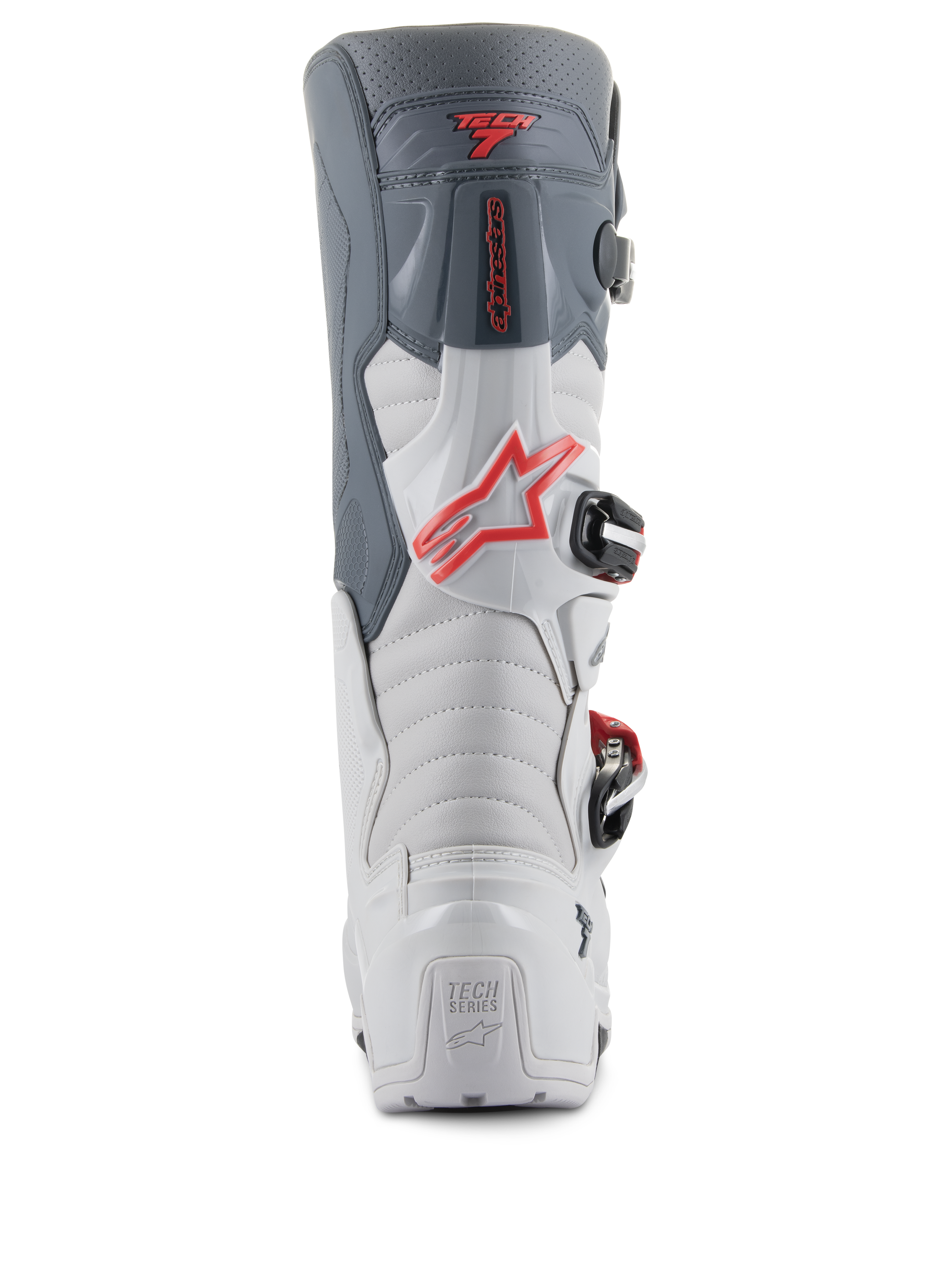 Alpinestars stivali Tech 7 Enduro, vista posteriore, grigio chiaro e grigio scuro con accenti rosso vivace, tallone rinforzato con marchio 'TECH SERIES', logo a stella rosso e sistema di chiusura a fibbia resistente