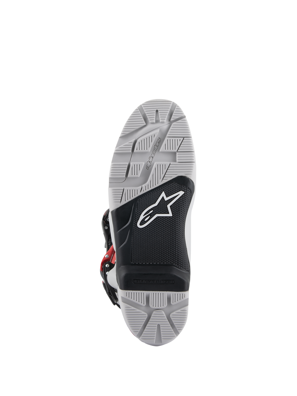 Stivali Alpinestars Tech 7 Enduro, vista della suola, suola a doppia mescola grigia e nera con logo a stella bianco, battistrada con trama profonda per la massima aderenza fuori strada, inserto per pedana sostituibile progettato per la durata nella guida enduro e off-road