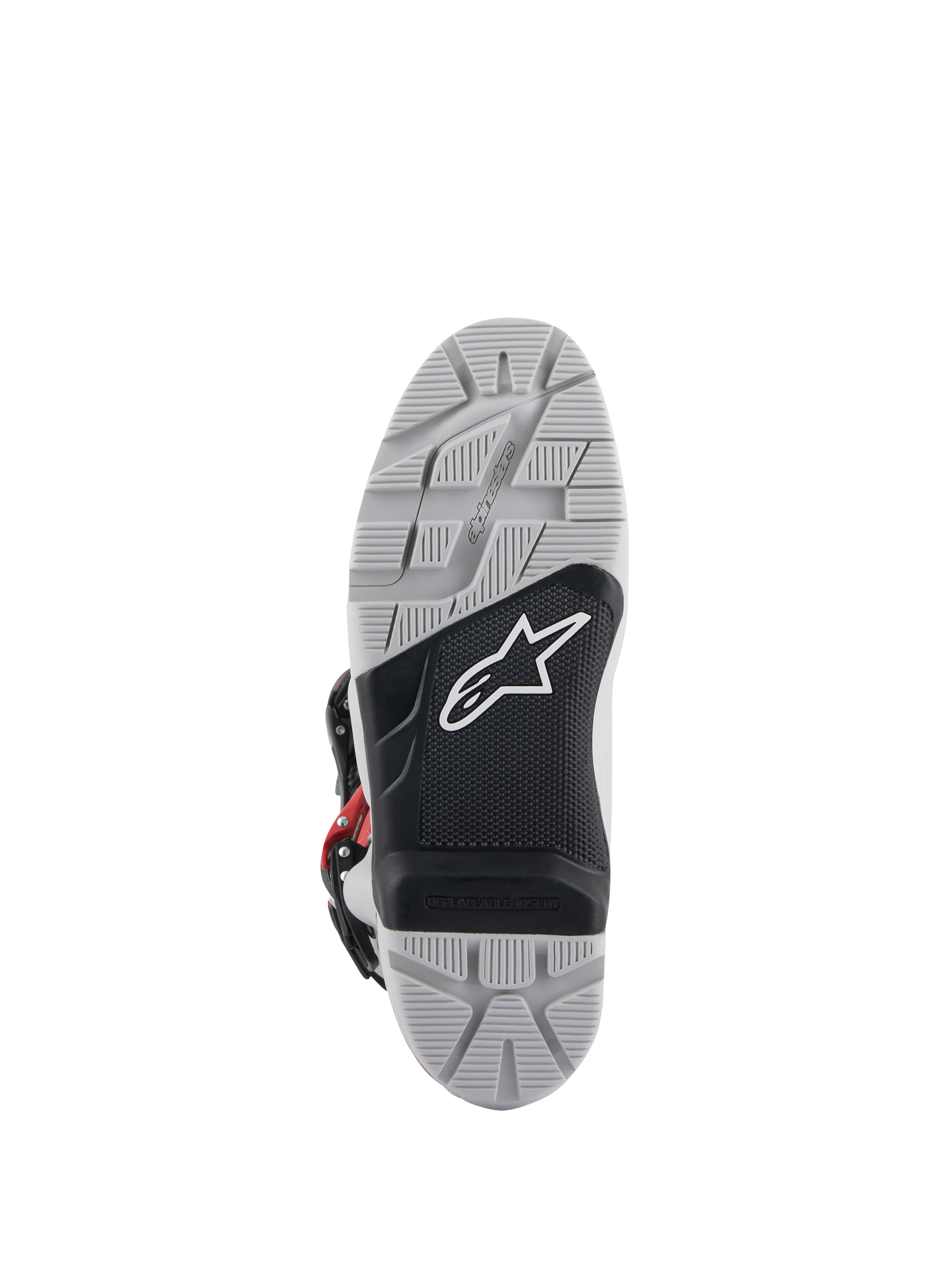 Stivali Alpinestars Tech 7 Enduro, vista della suola, suola a doppia mescola grigia e nera con logo a stella bianco, battistrada con trama profonda per la massima aderenza fuori strada, inserto per pedana sostituibile progettato per la durata nella guida enduro e off-road