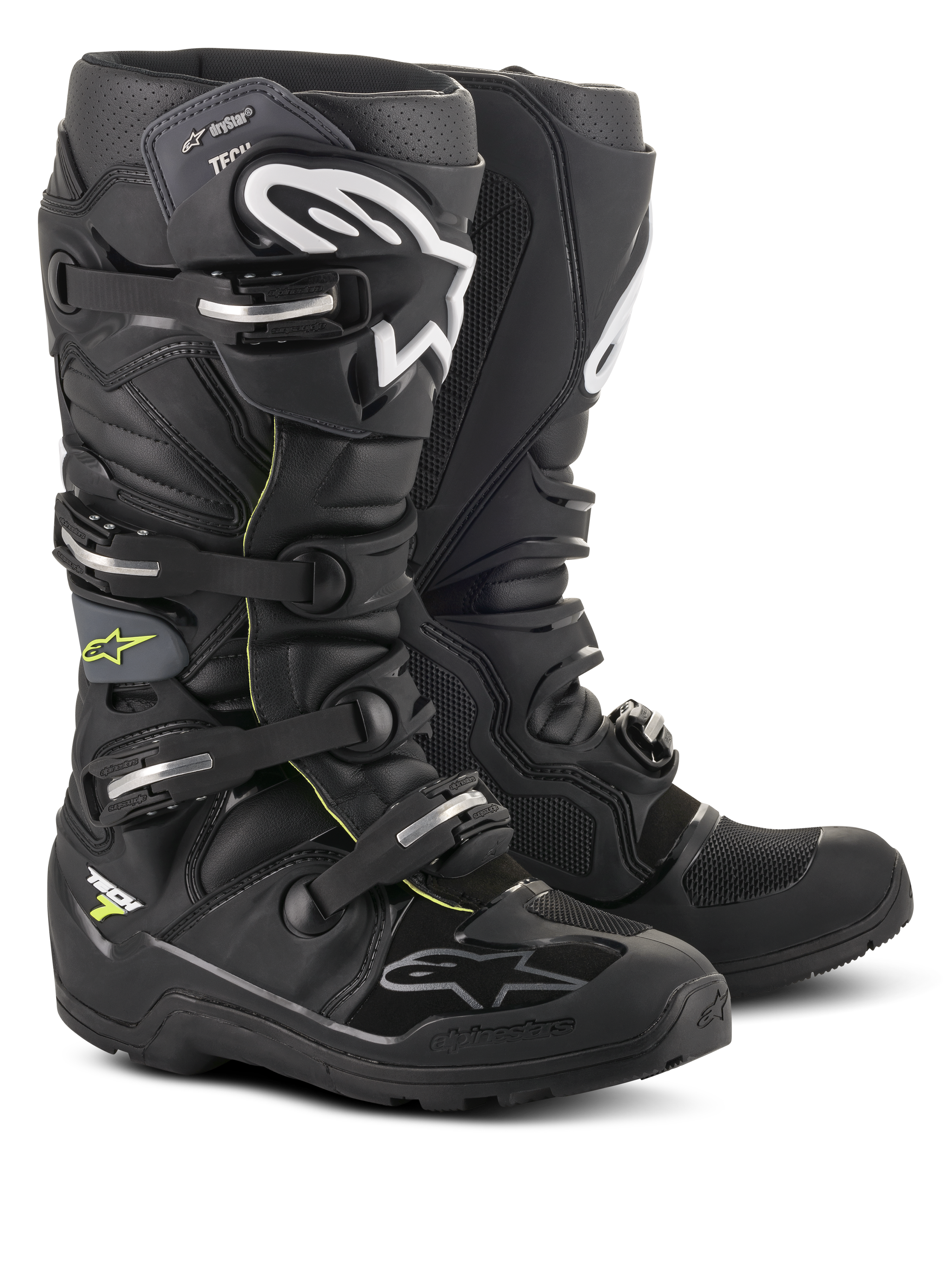 Alpinestars Tech 7 Enduro Drystar® Boots, calzature professionali da motocross ed enduro, nero e grigio con loghi bianchi e fibbie argento, design robusto impermeabile con suole resistenti per prestazioni fuoristrada