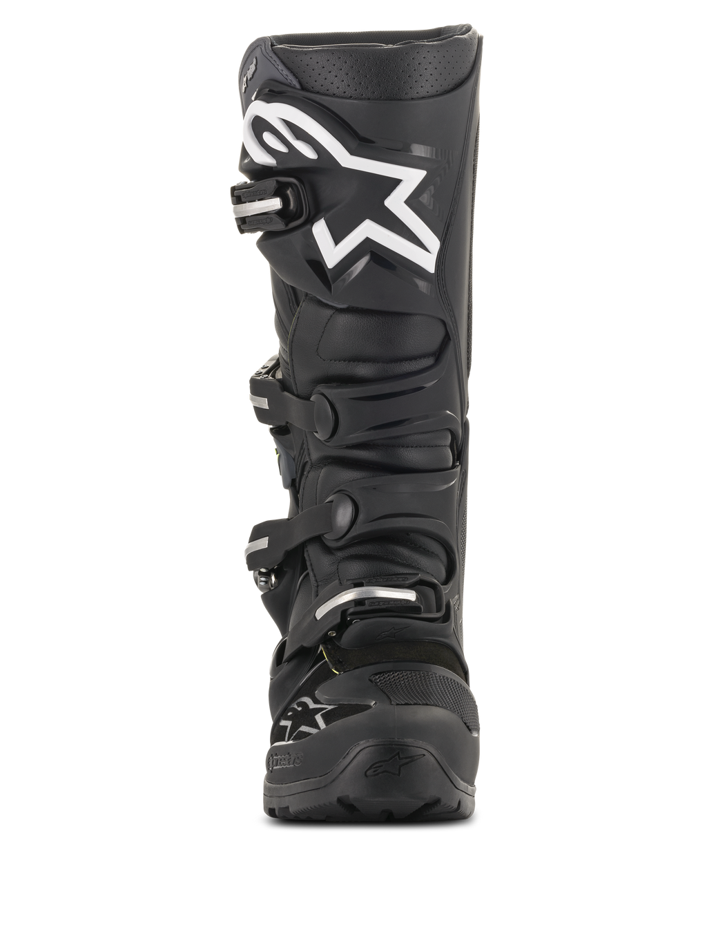 Stivali Alpinestars Tech 7 Enduro Drystar®, stivali da motocross neri, vista frontale con grande logo a stella bianco sulla tibia, sistema di chiusura a quattro fibbie, robusta costruzione in TPU per guida enduro e fuoristrada