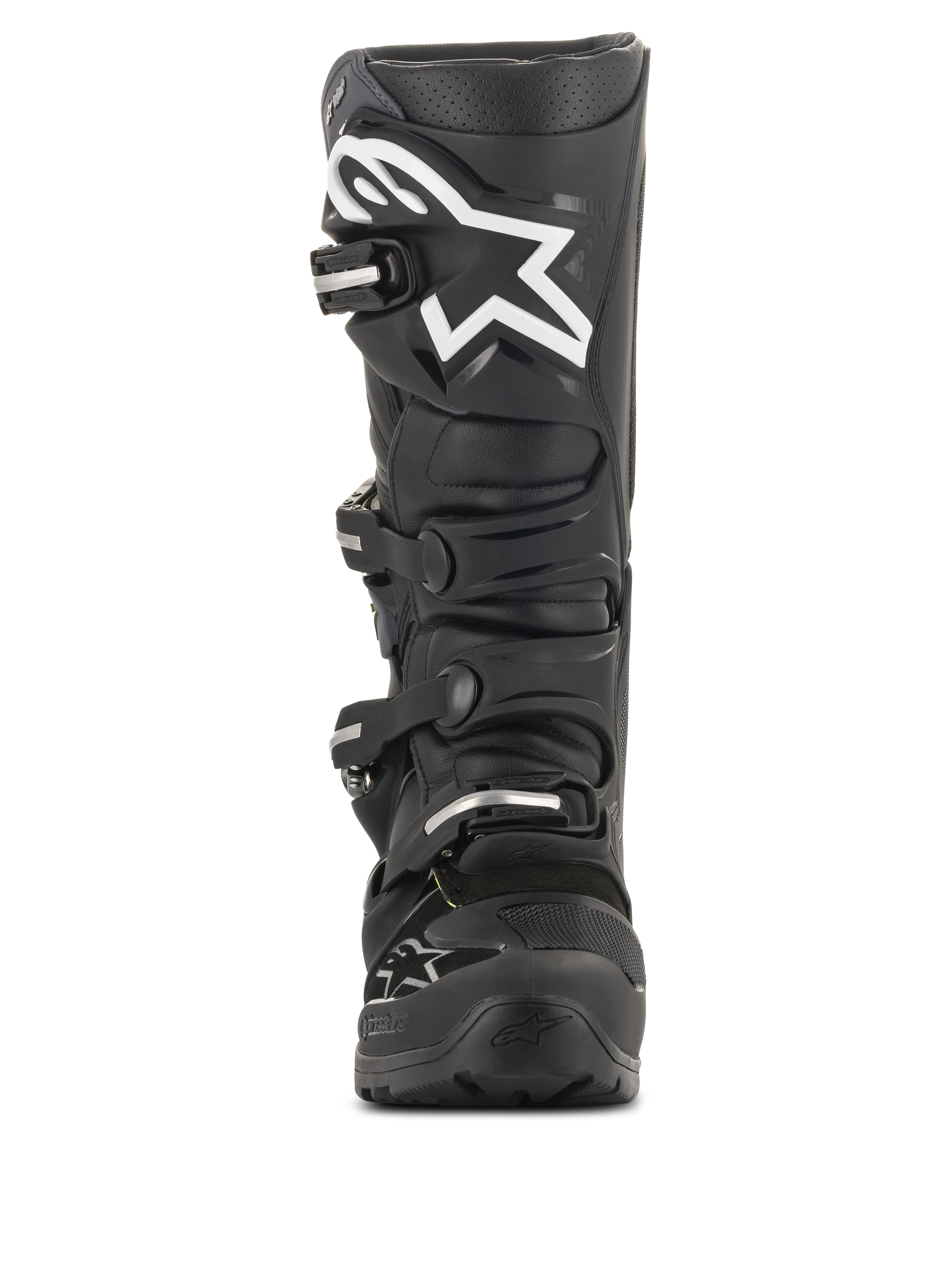 Stivali Alpinestars Tech 7 Enduro Drystar®, stivali da motocross neri, vista frontale con grande logo a stella bianco sulla tibia, sistema di chiusura a quattro fibbie, robusta costruzione in TPU per guida enduro e fuoristrada