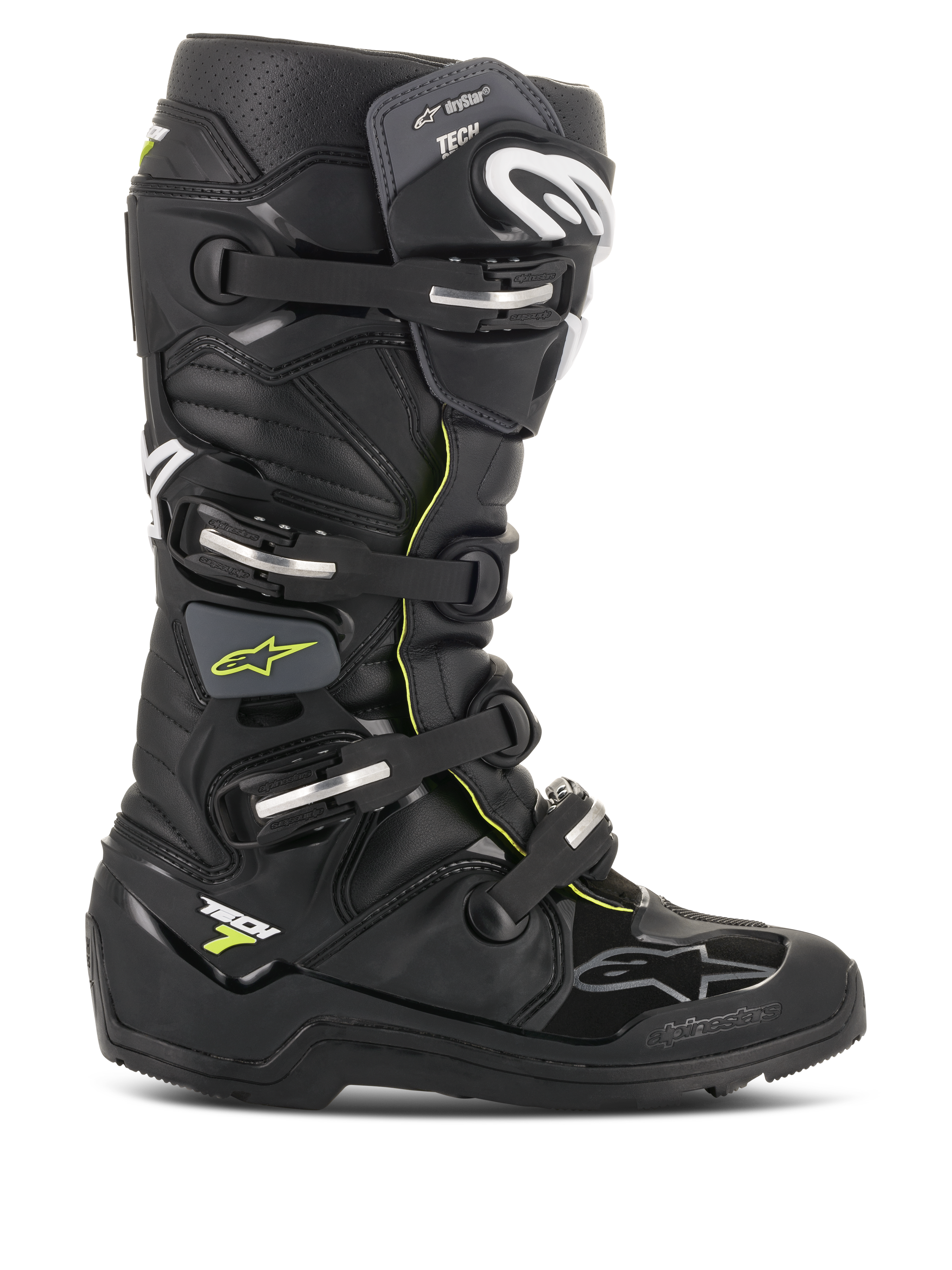 Alpinestars Tech 7 Enduro Drystar Boots, stivali da moto fuoristrada impermeabili, nero con dettagli giallo fluorescente, quattro fibbie argentate, suola robusta ad alta aderenza e costruzione protettiva in TPU per la guida Enduro