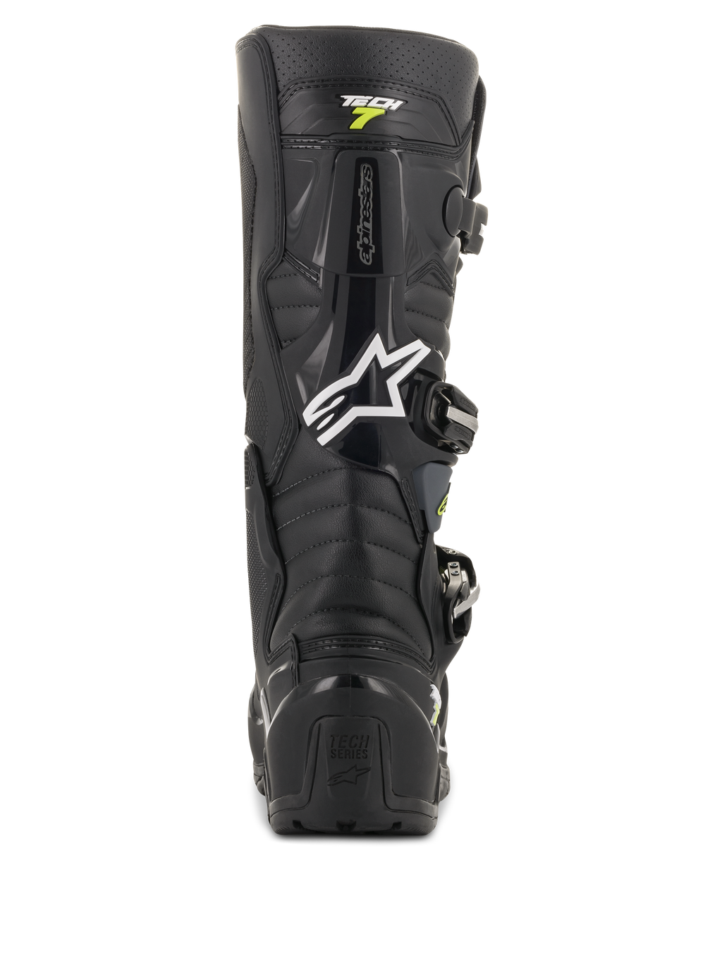 Stivali Alpinestars Tech 7 Enduro Drystar, stivali da motocross nero e grigio, vista posteriore con logo Alpinestars bianco e branding 'Tech 7', robusta protezione del tallone in TPU e costruzione rinforzata per la massima durata nel fuoristrada