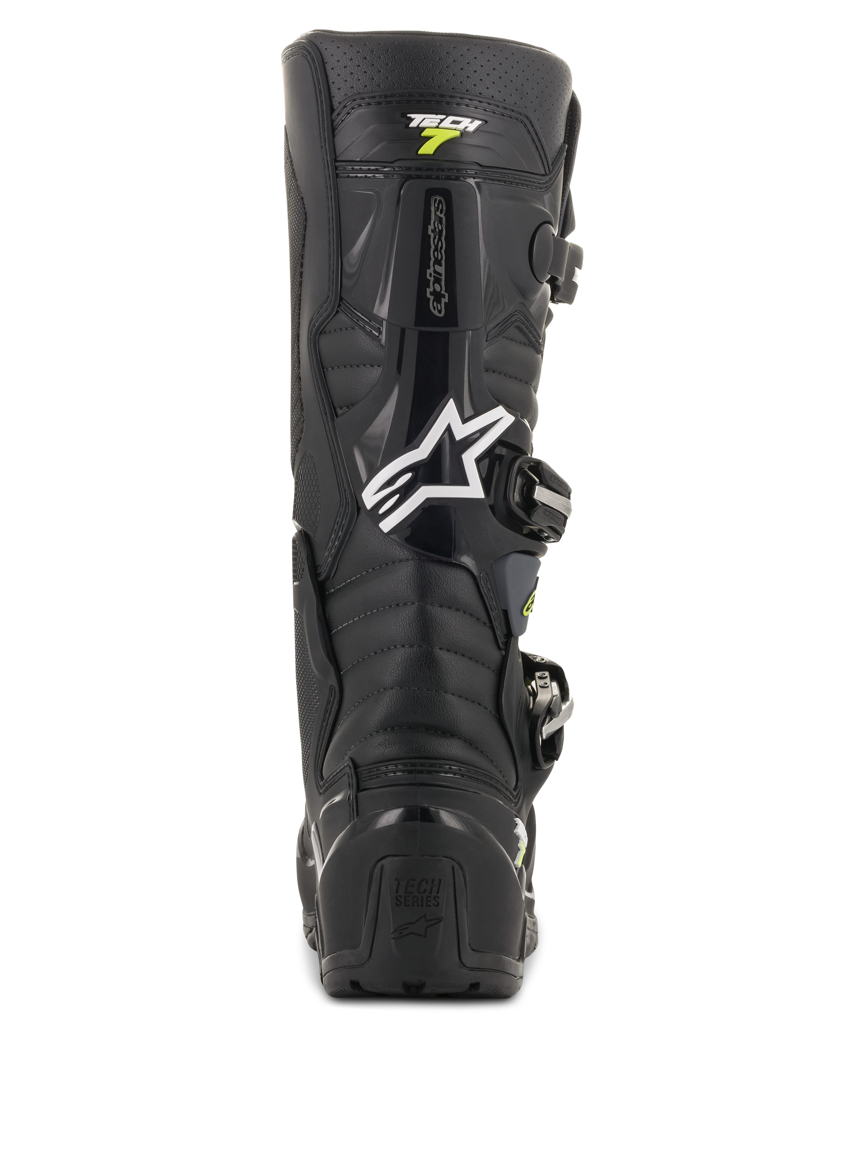 Stivali Alpinestars Tech 7 Enduro Drystar, stivali da motocross nero e grigio, vista posteriore con logo Alpinestars bianco e branding 'Tech 7', robusta protezione del tallone in TPU e costruzione rinforzata per la massima durata nel fuoristrada